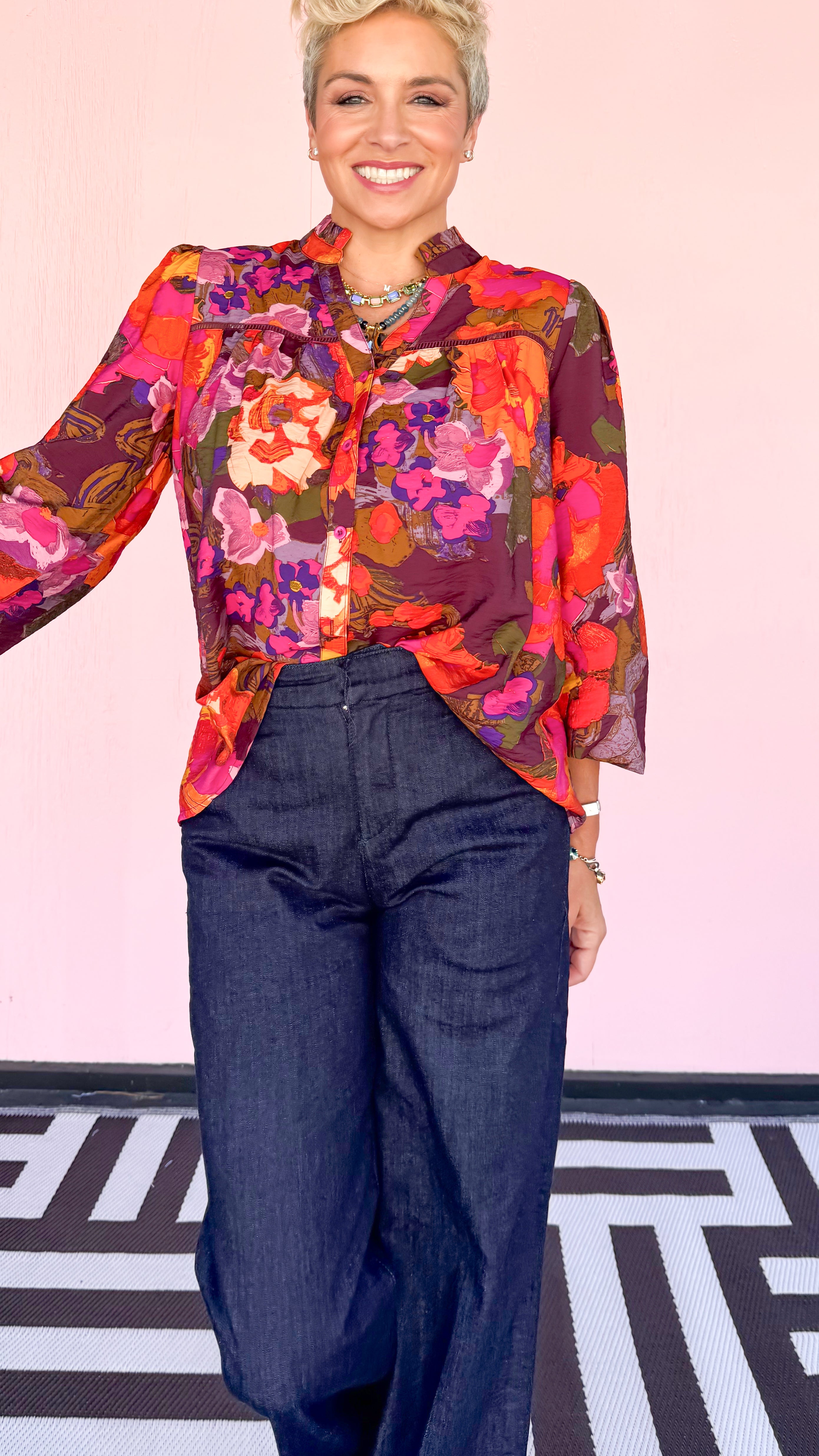 Button Down Ruffle V-Neck Blouse