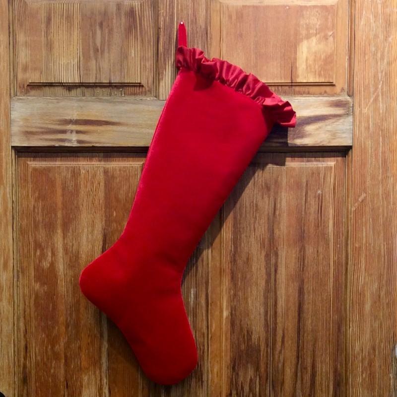 Hot red velvet Christmas stocking with taffeta ruffle cuff, 25 inch, full view