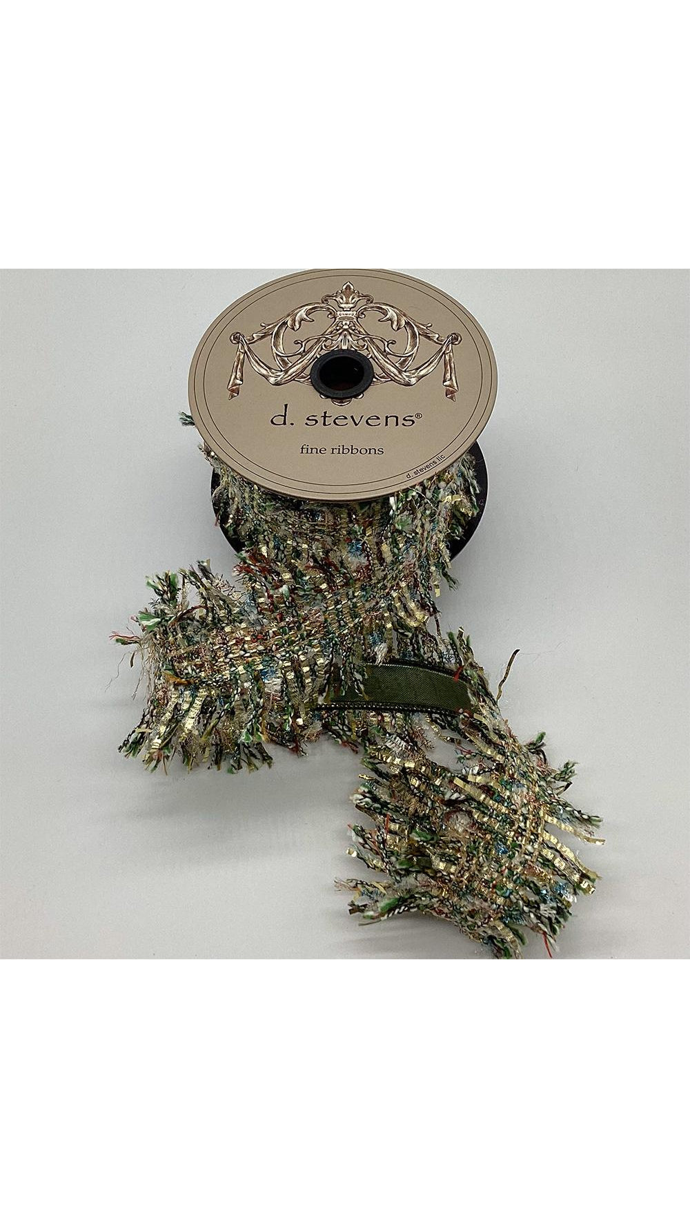 Green and ivory boucle ribbon with frayed edge, 2.5 inch, full view on white