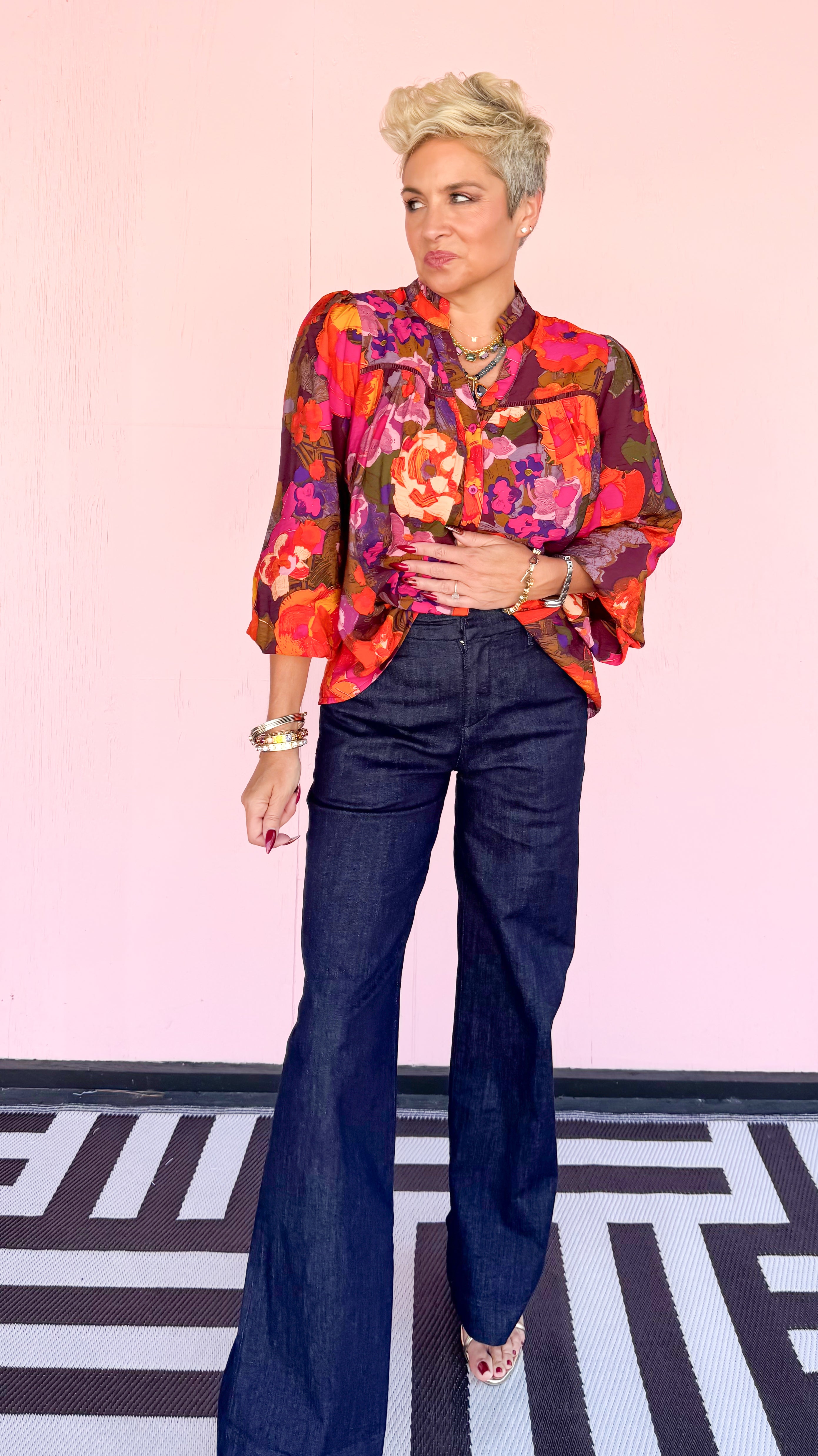 Button Down Ruffle V-Neck Blouse