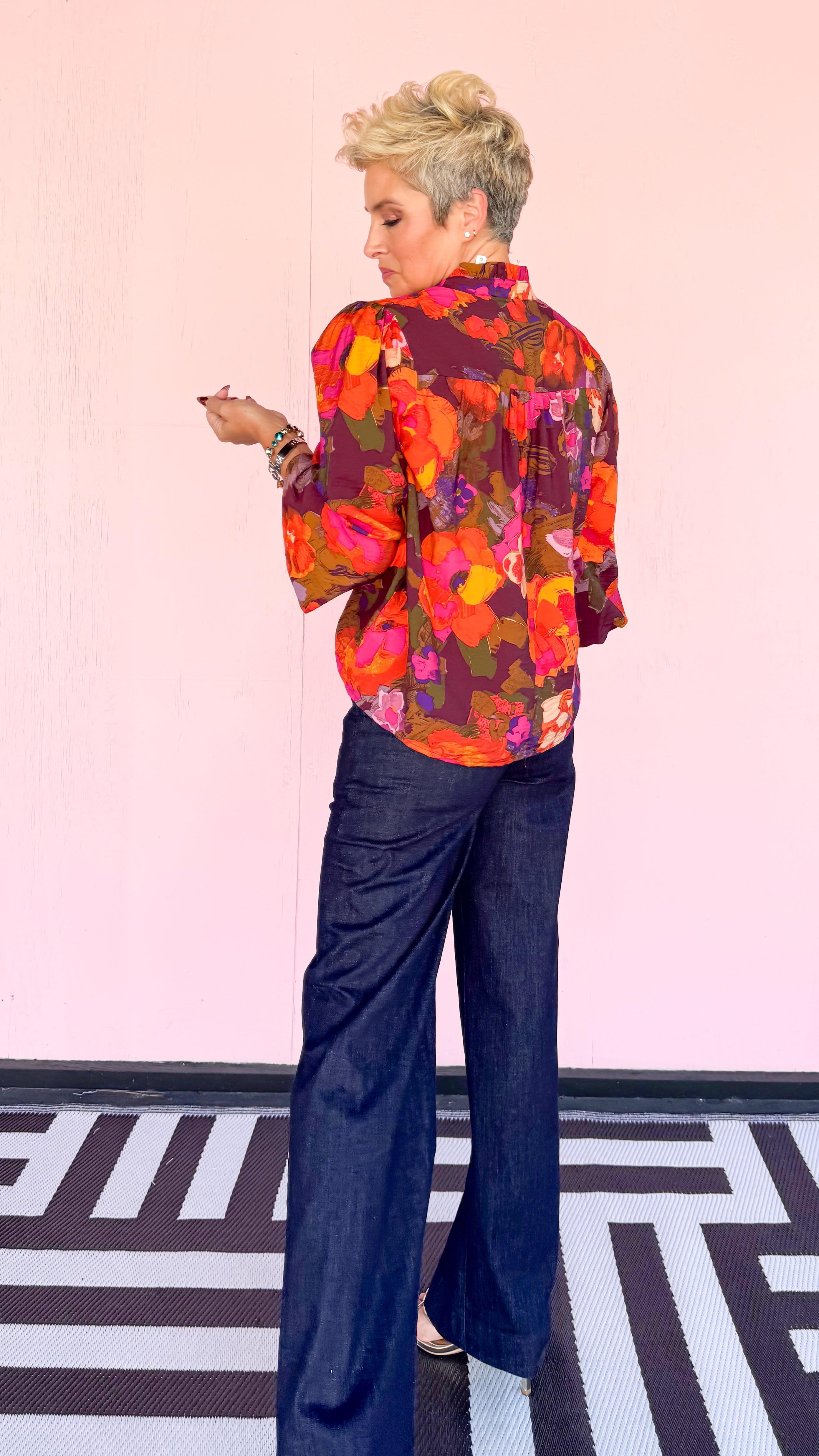 Button Down Ruffle V-Neck Blouse