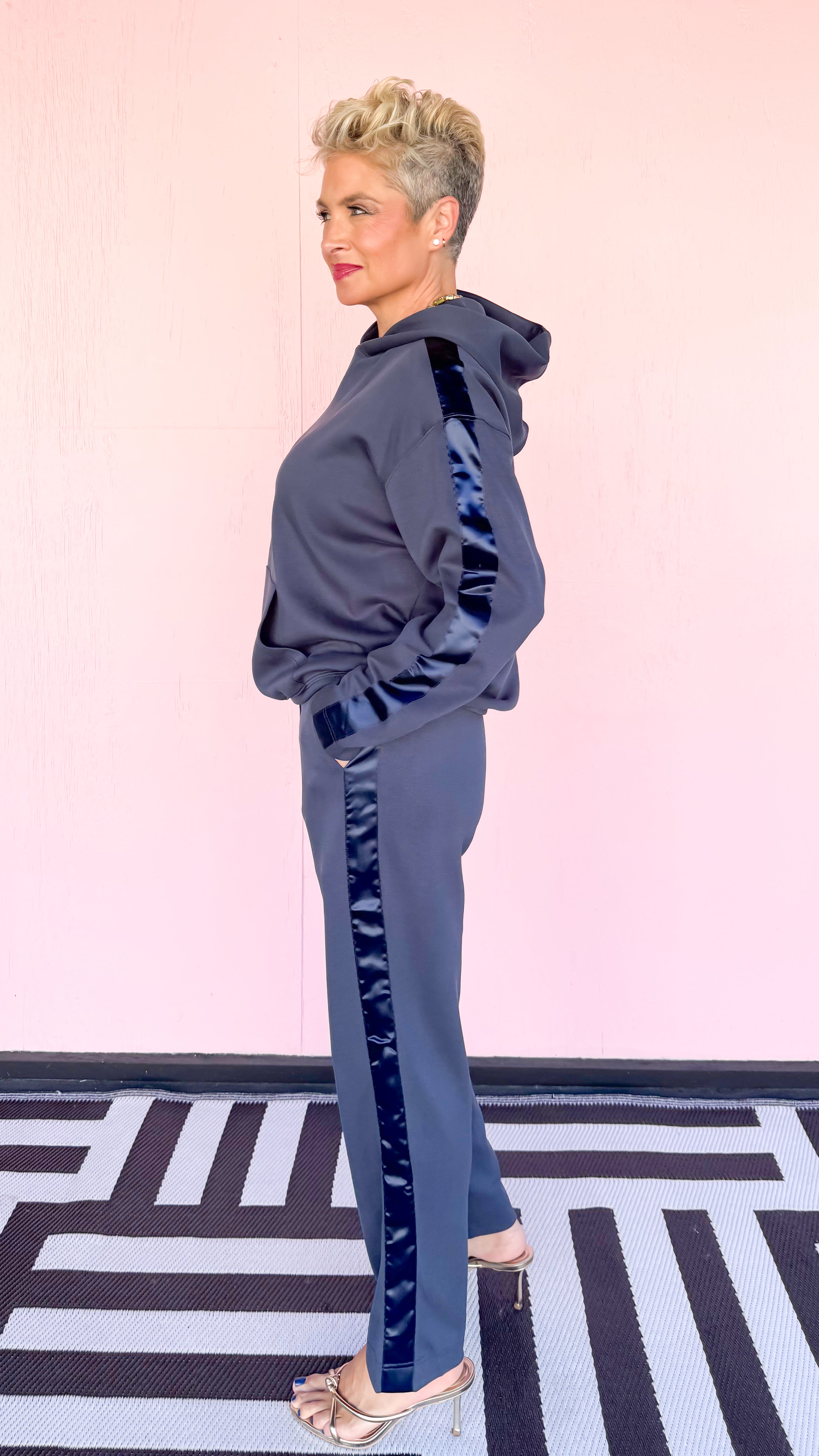 Contrast Satin Trim Lounge Pants/Navy - The BLVD