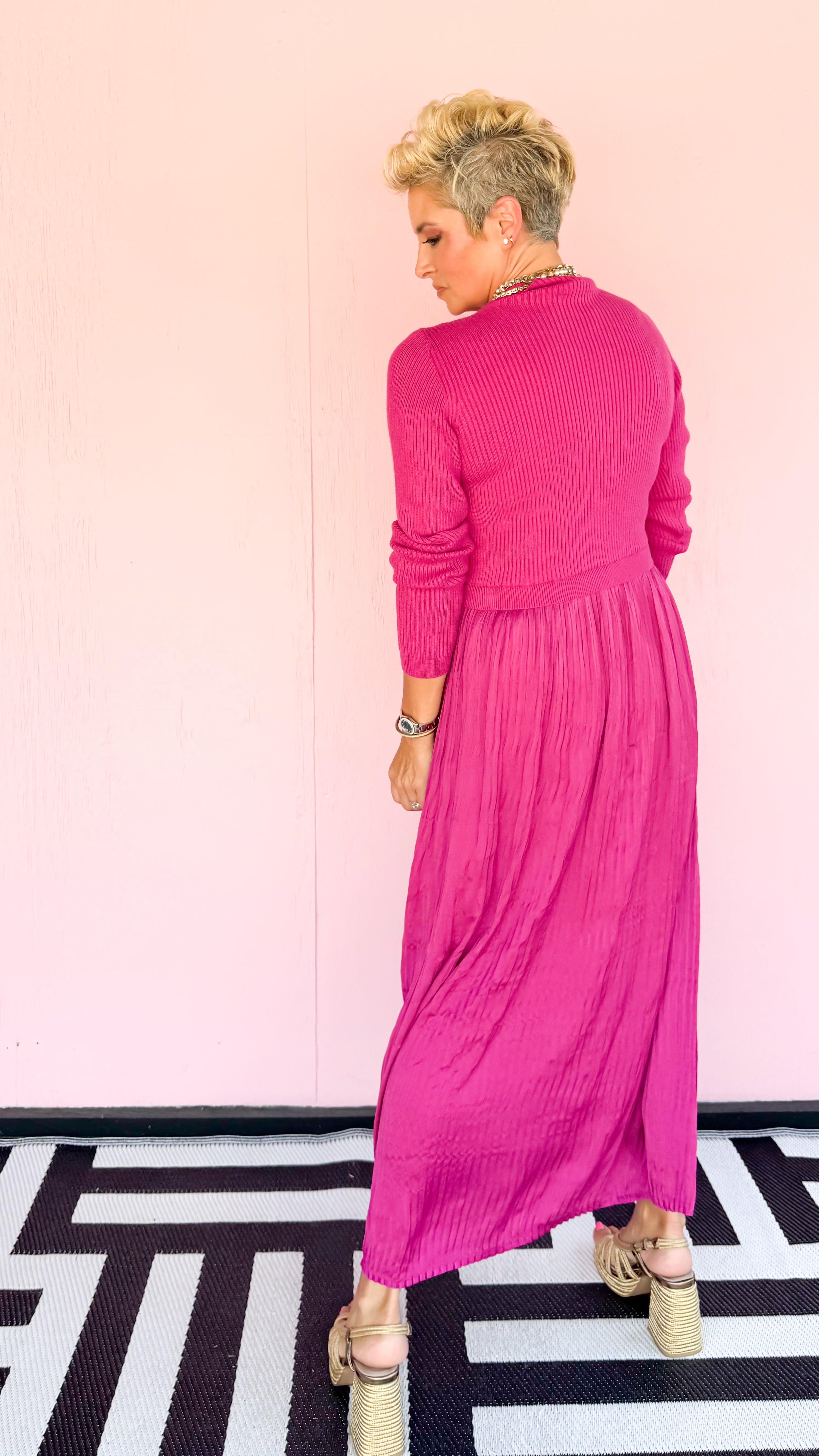 Mixed Media Pleated Skirt Dress/Pink