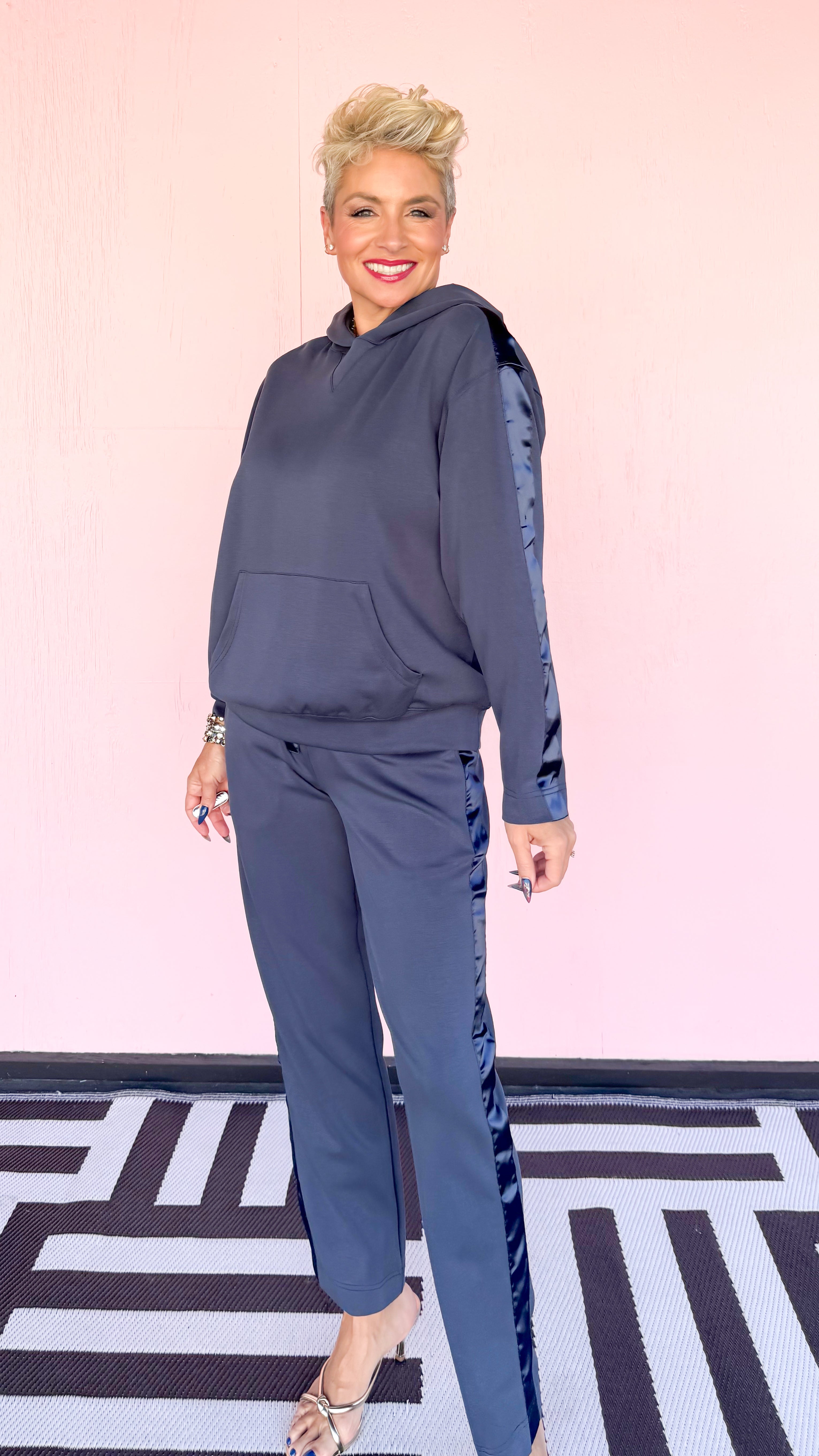 Contrast Satin Trim Hoodie/Navy