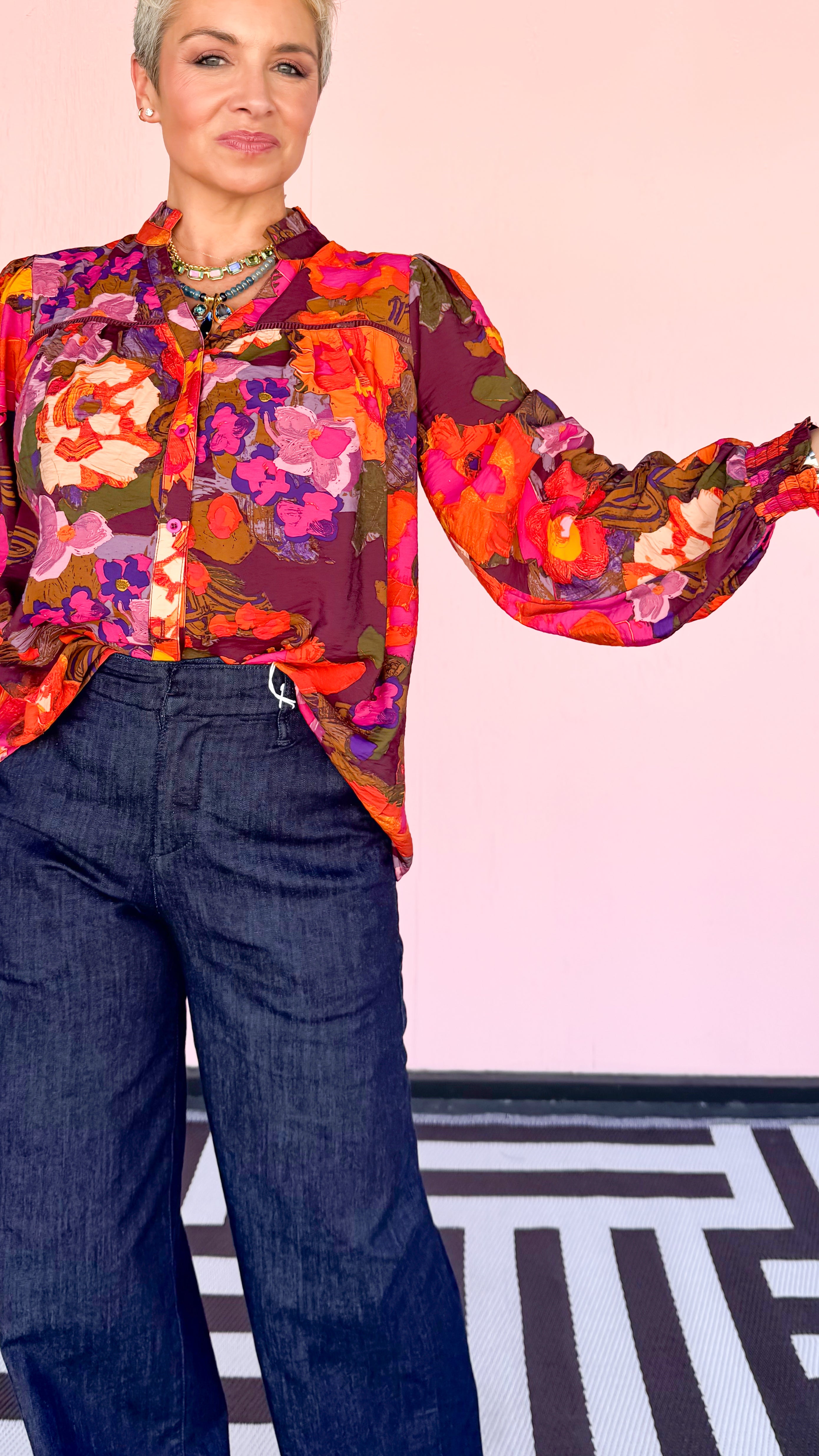 Button Down Ruffle V-Neck Blouse