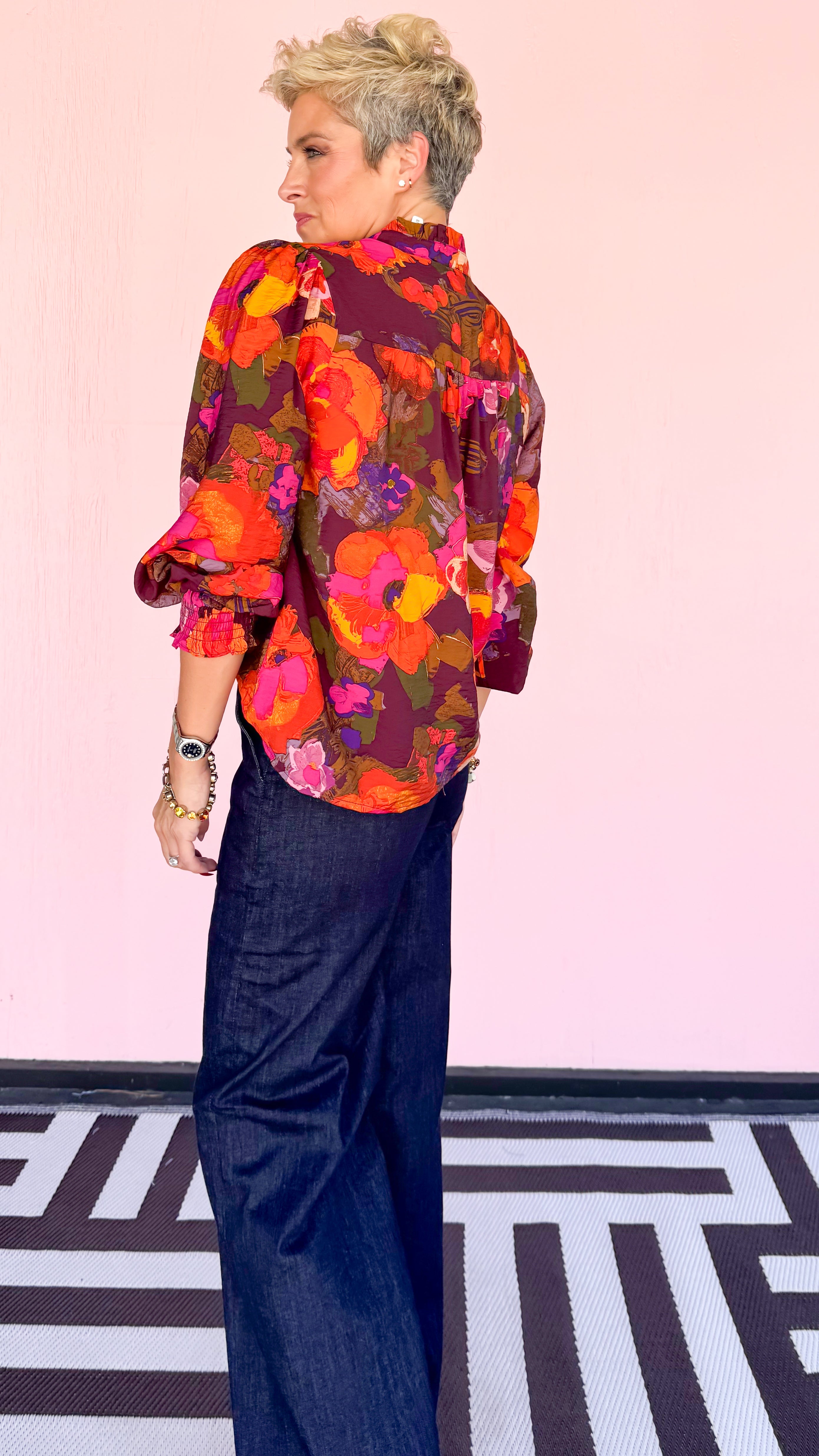 Button Down Ruffle V-Neck Blouse