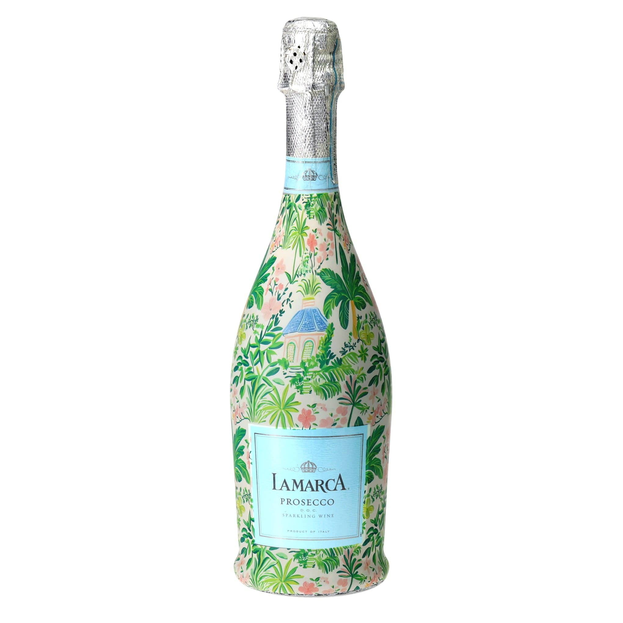 Beau Bottles Verde Palm Pavilion La Marca prosecco bottle wrap — styled view — BLVD Boutik