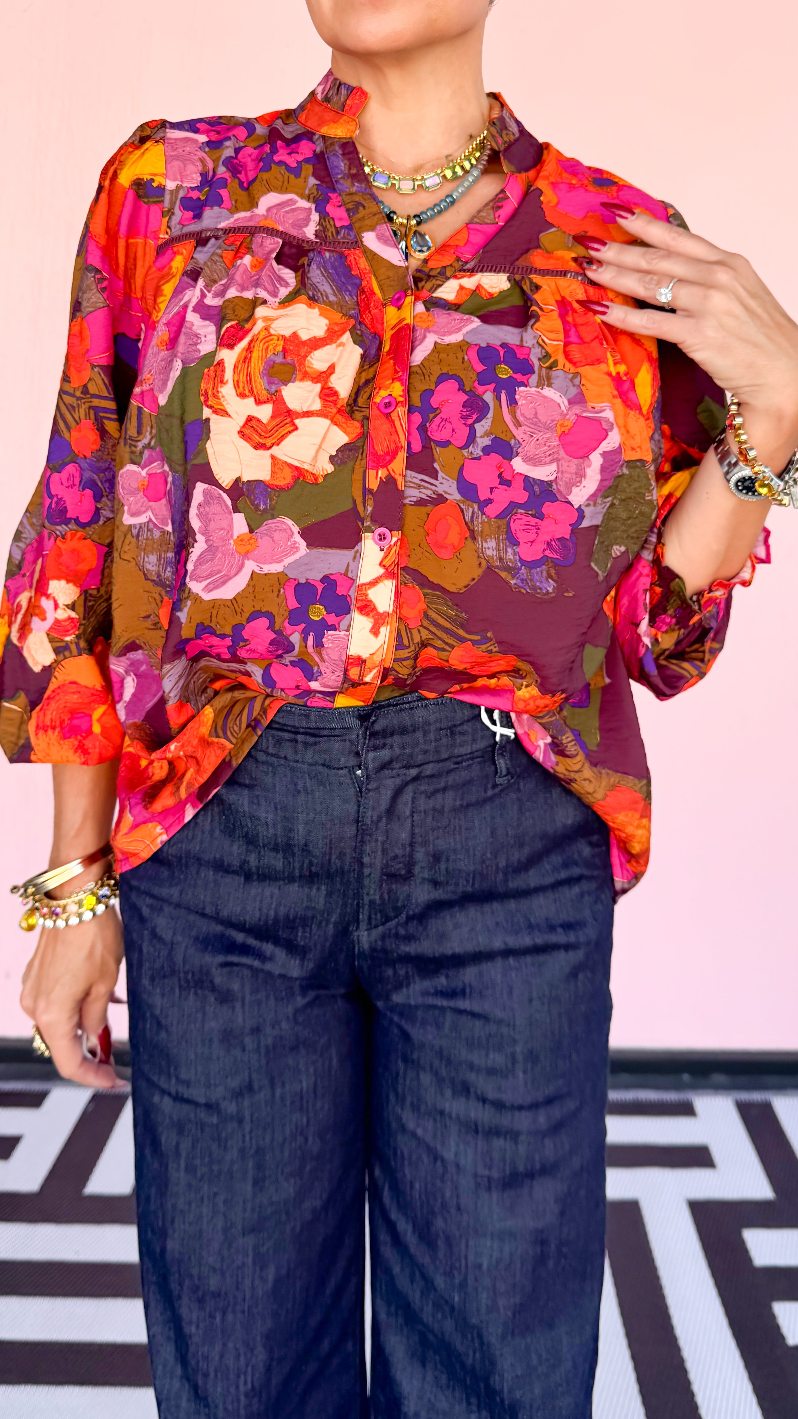 Button Down Ruffle V-Neck Blouse