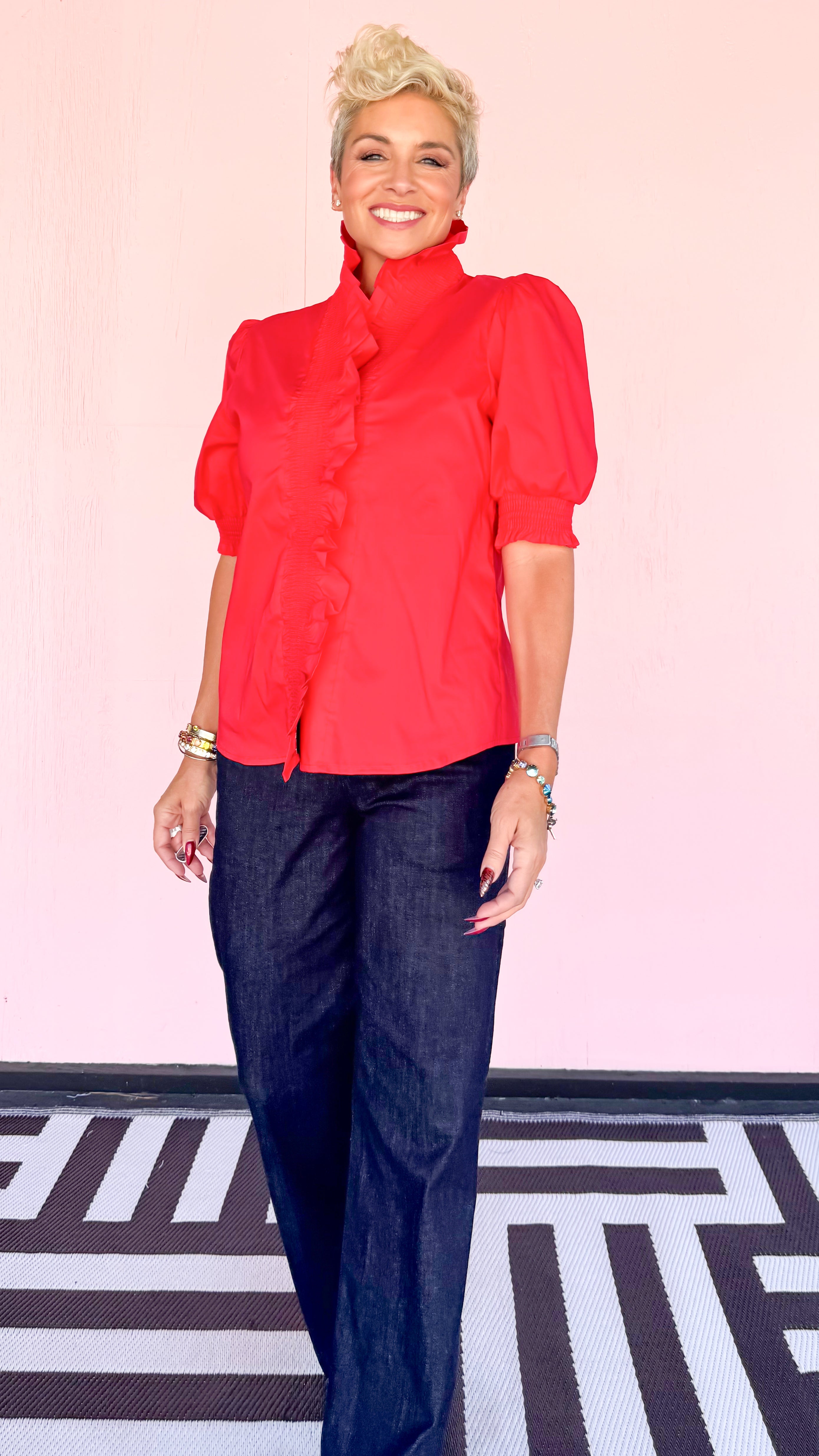 Ruffle Collar Puff Sleeve Blouse/Red