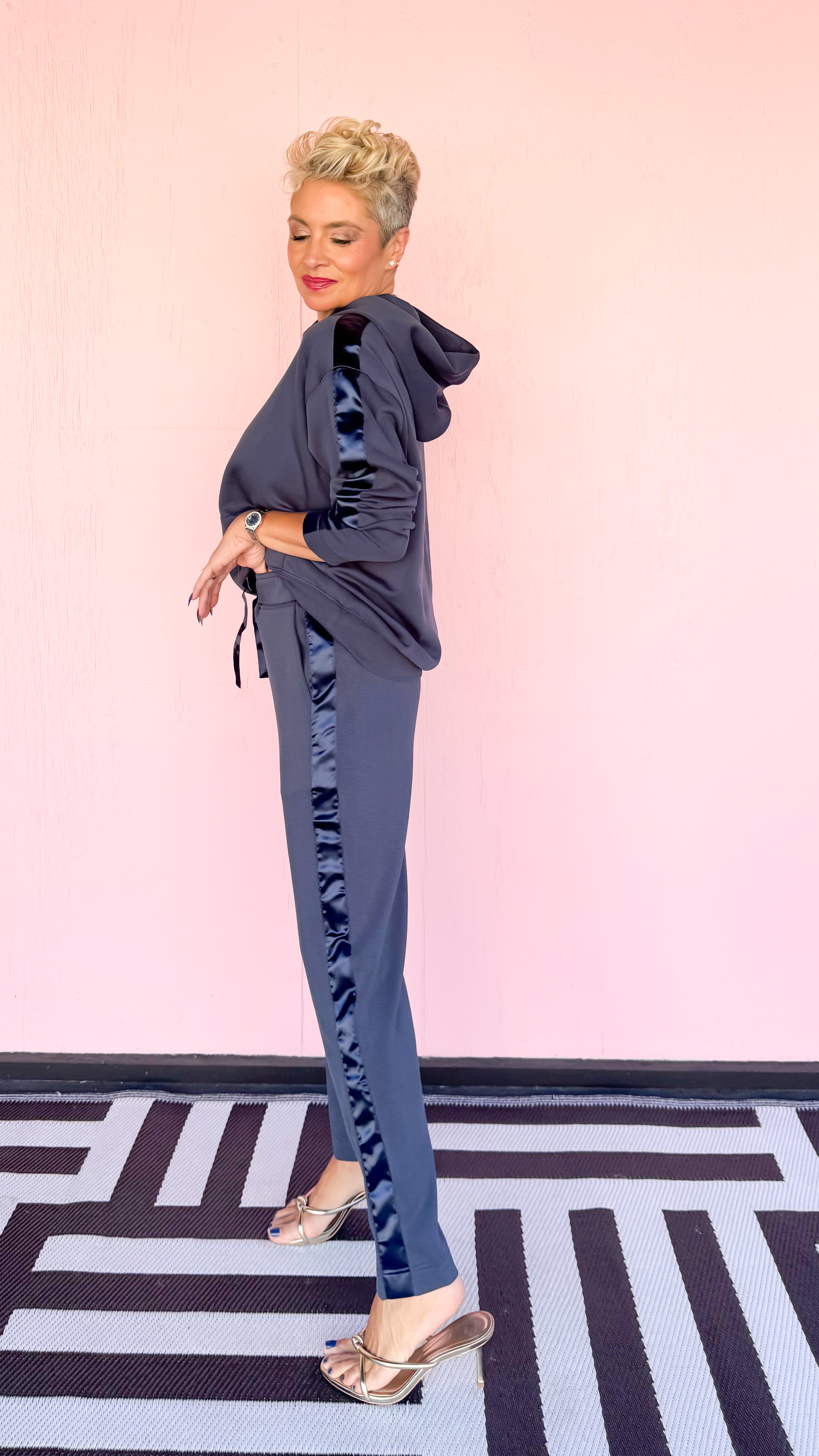 Contrast Satin Trim Lounge Pants/Navy - The BLVD