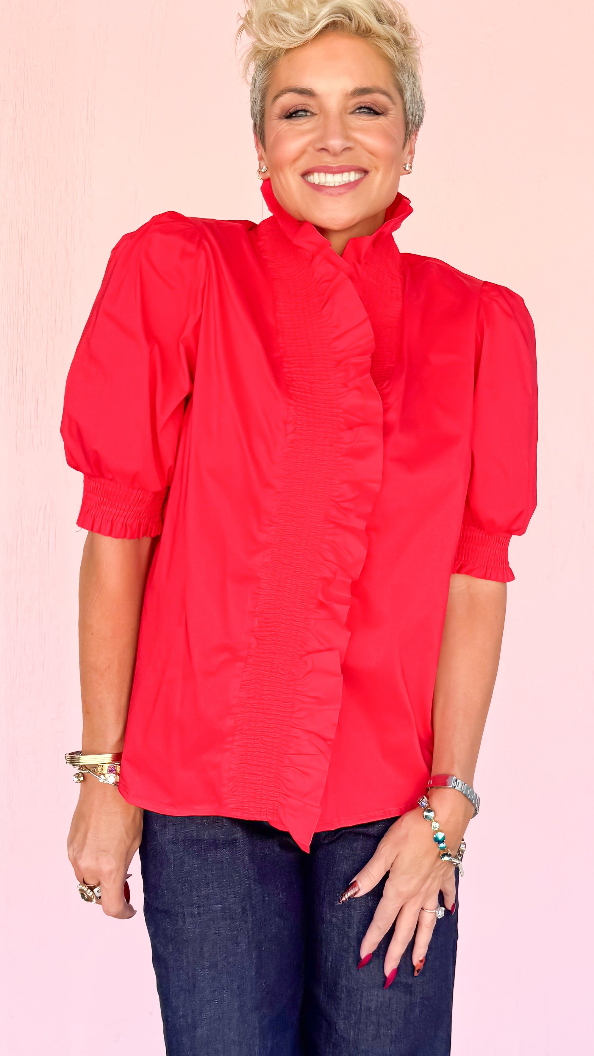 Ruffle Collar Puff Sleeve Blouse/Red