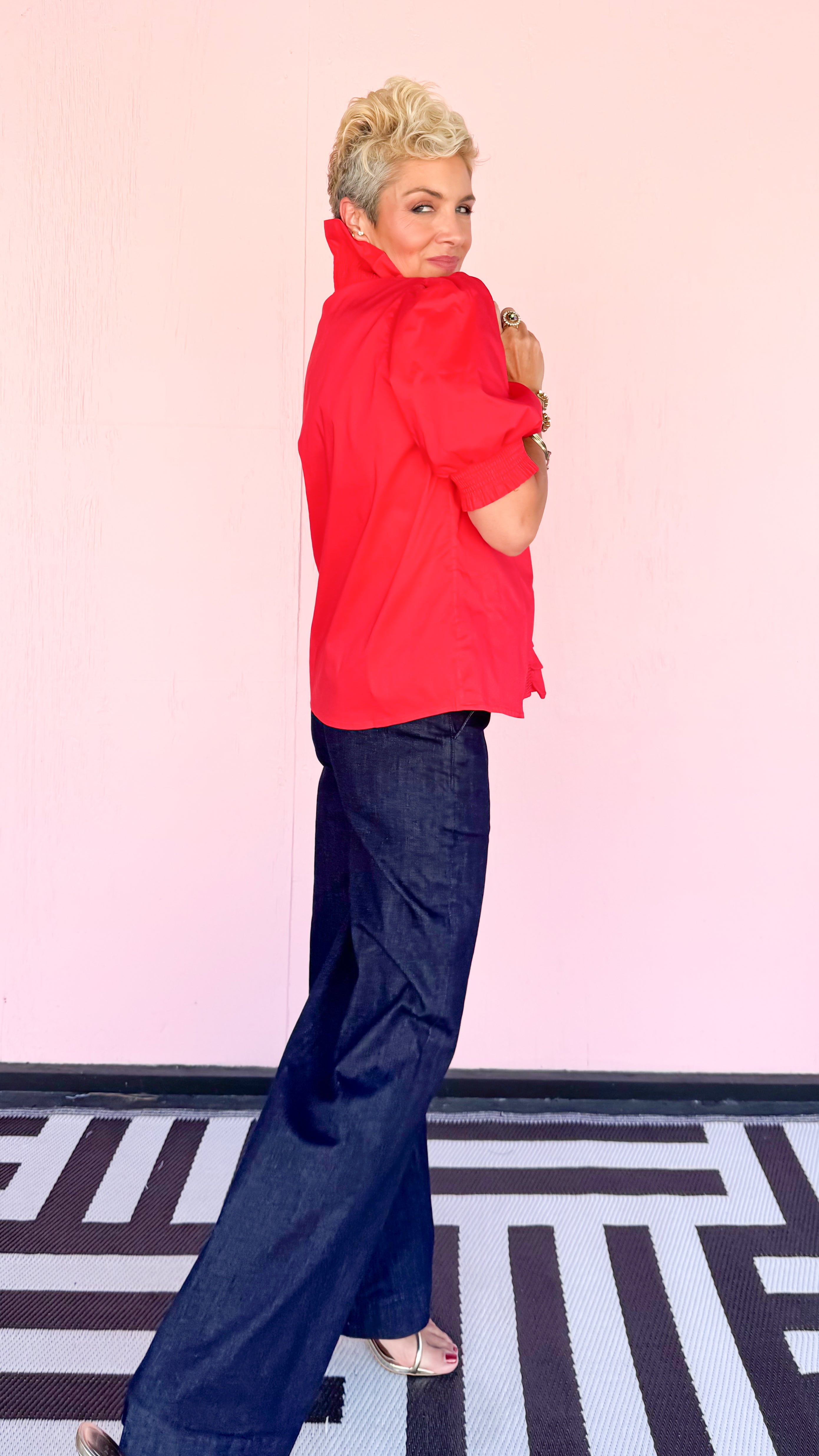 Ruffle Collar Puff Sleeve Blouse/Red