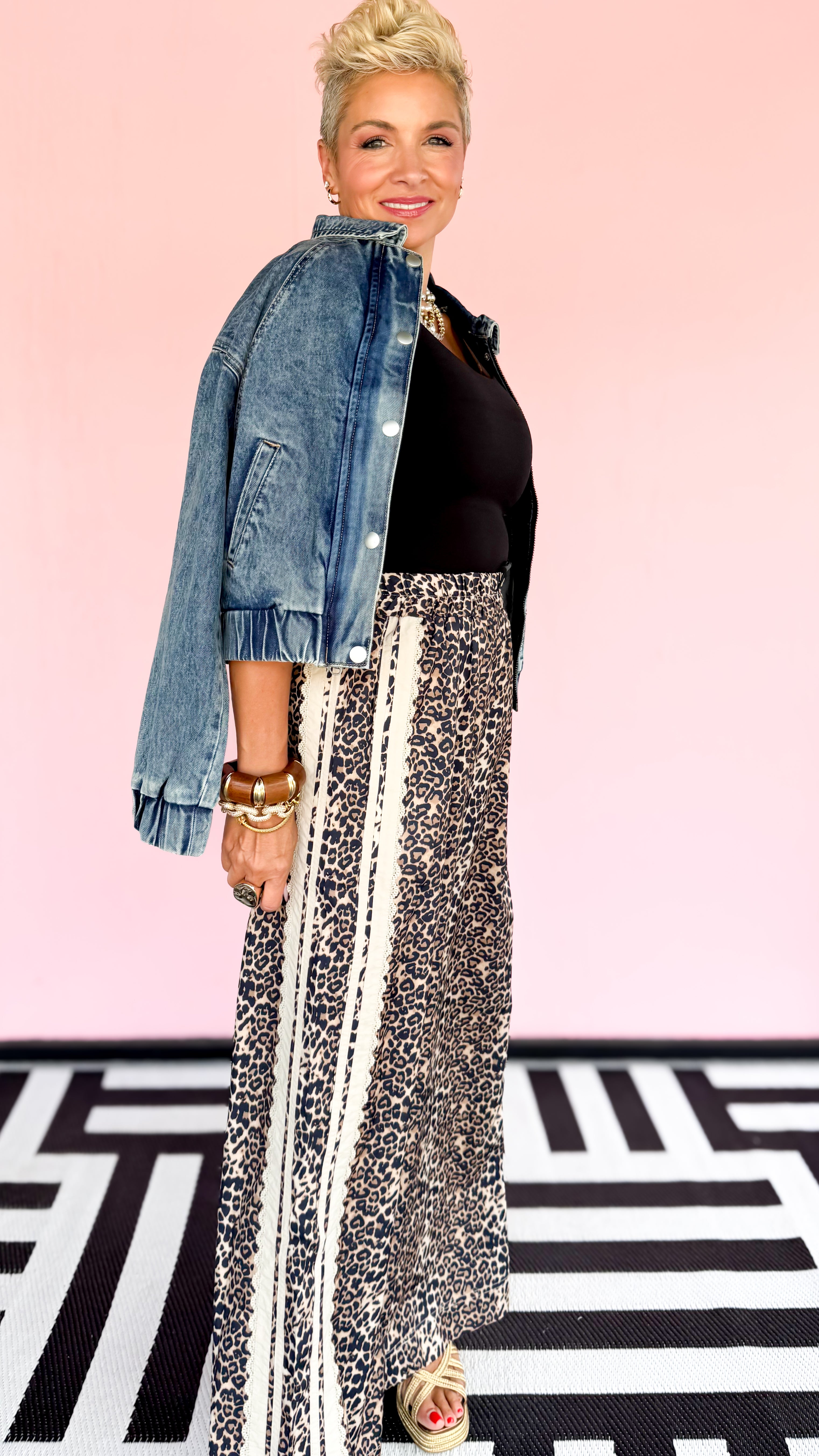 Leopard track pants with lace detail
