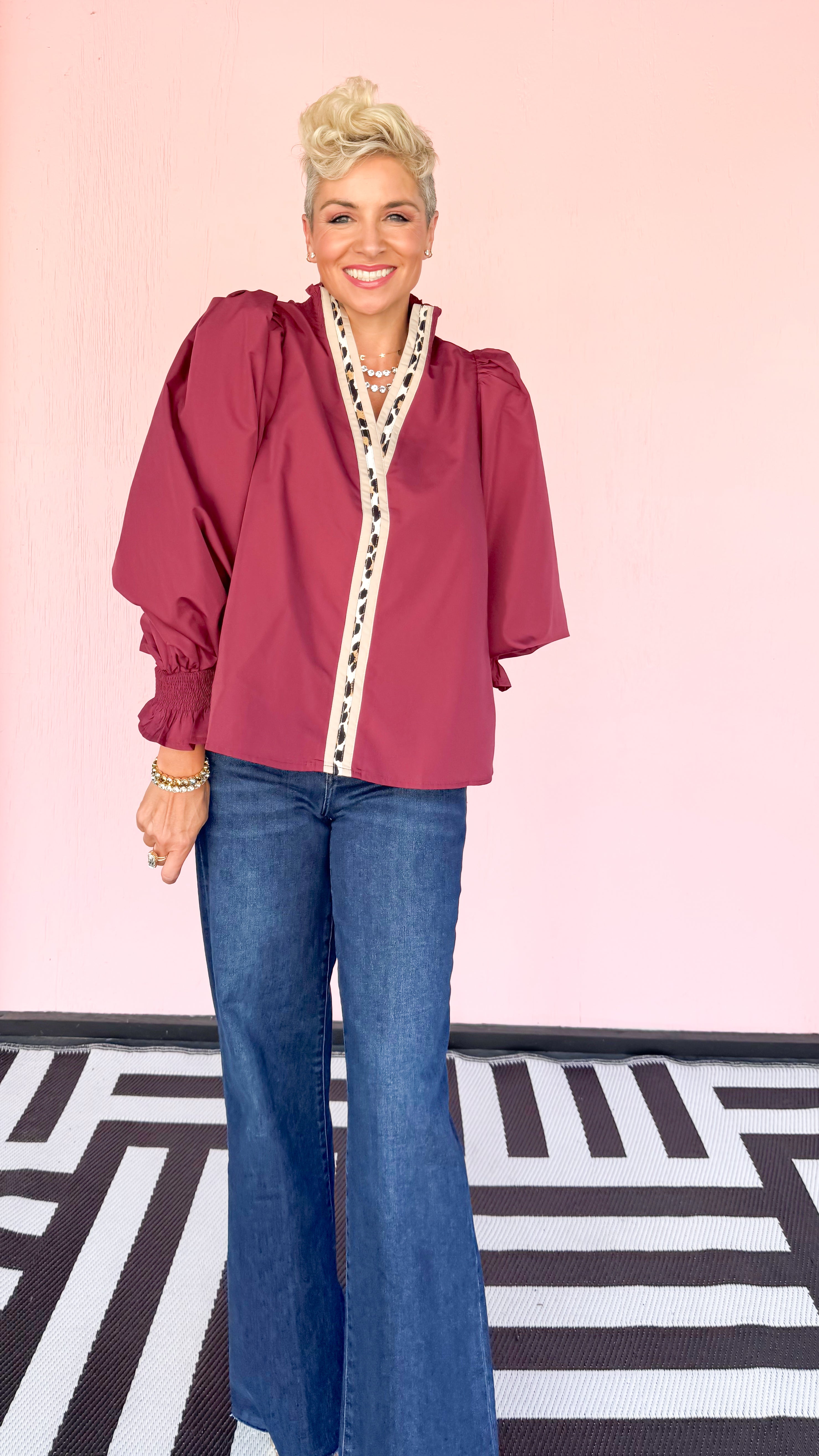 Leopard Trim Long Sleeve Top/Merlot