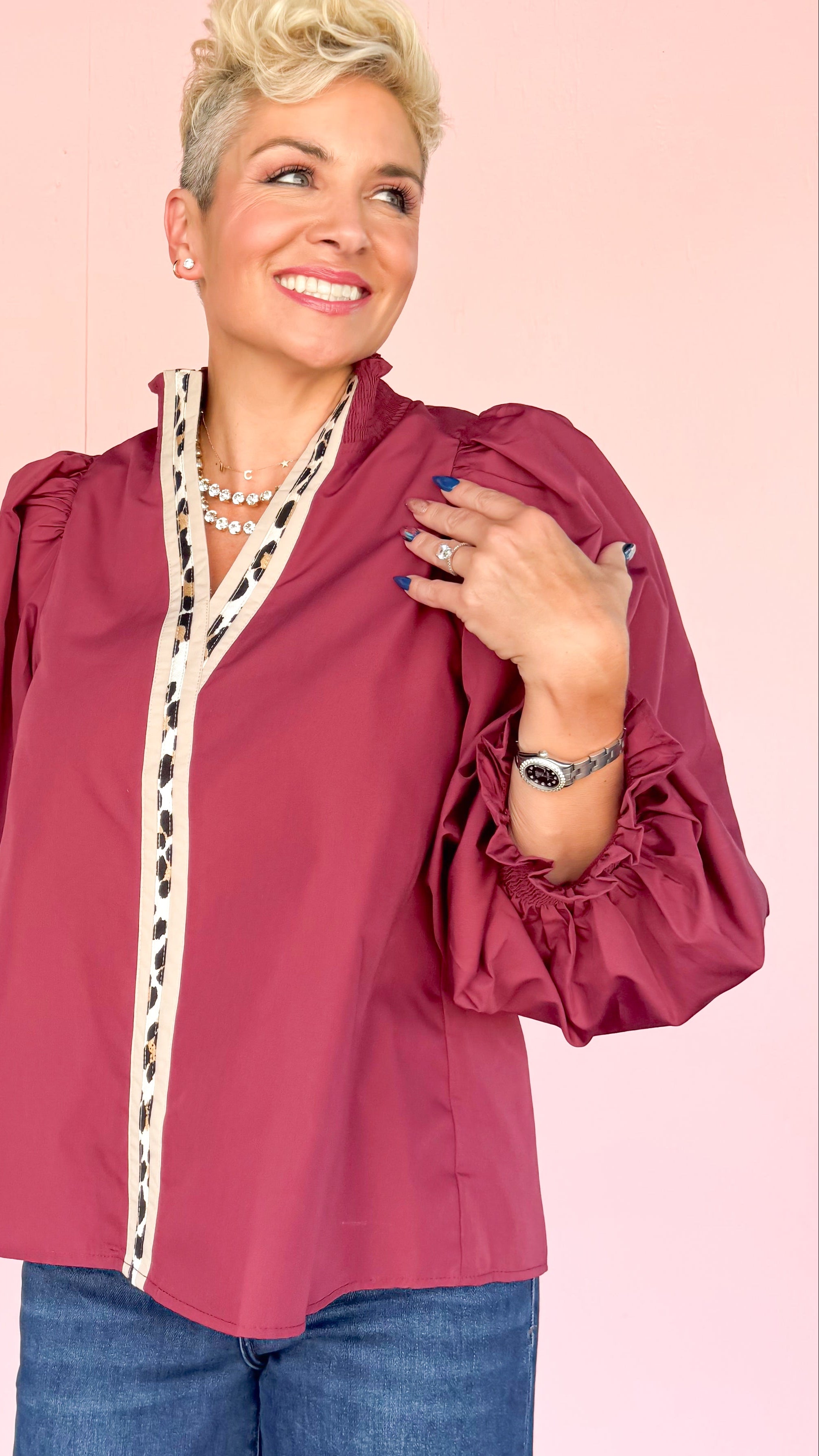 Leopard Trim Long Sleeve Top/Merlot