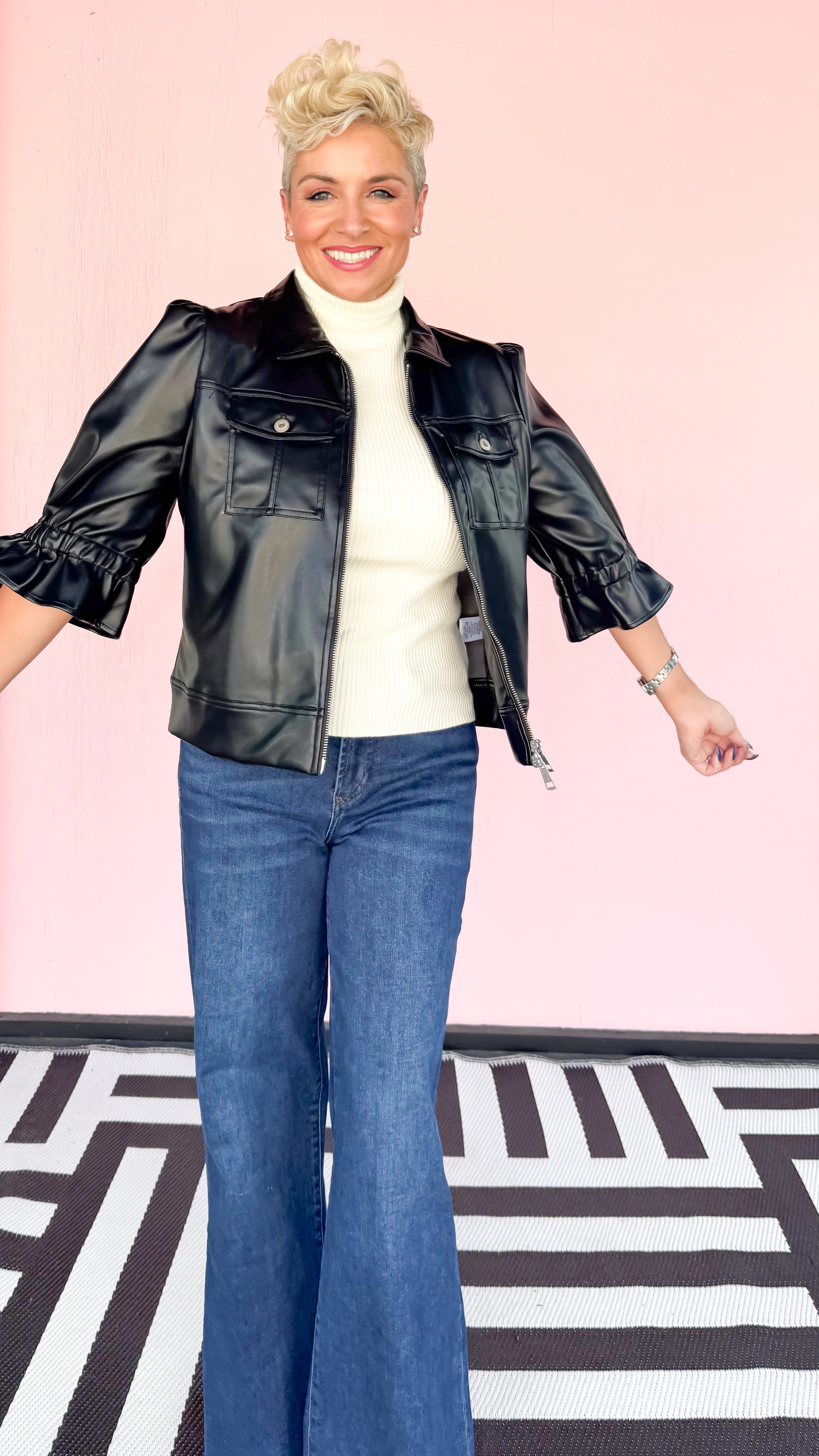 Vegan Leather Cropped Jacket 3/4 Sleeve