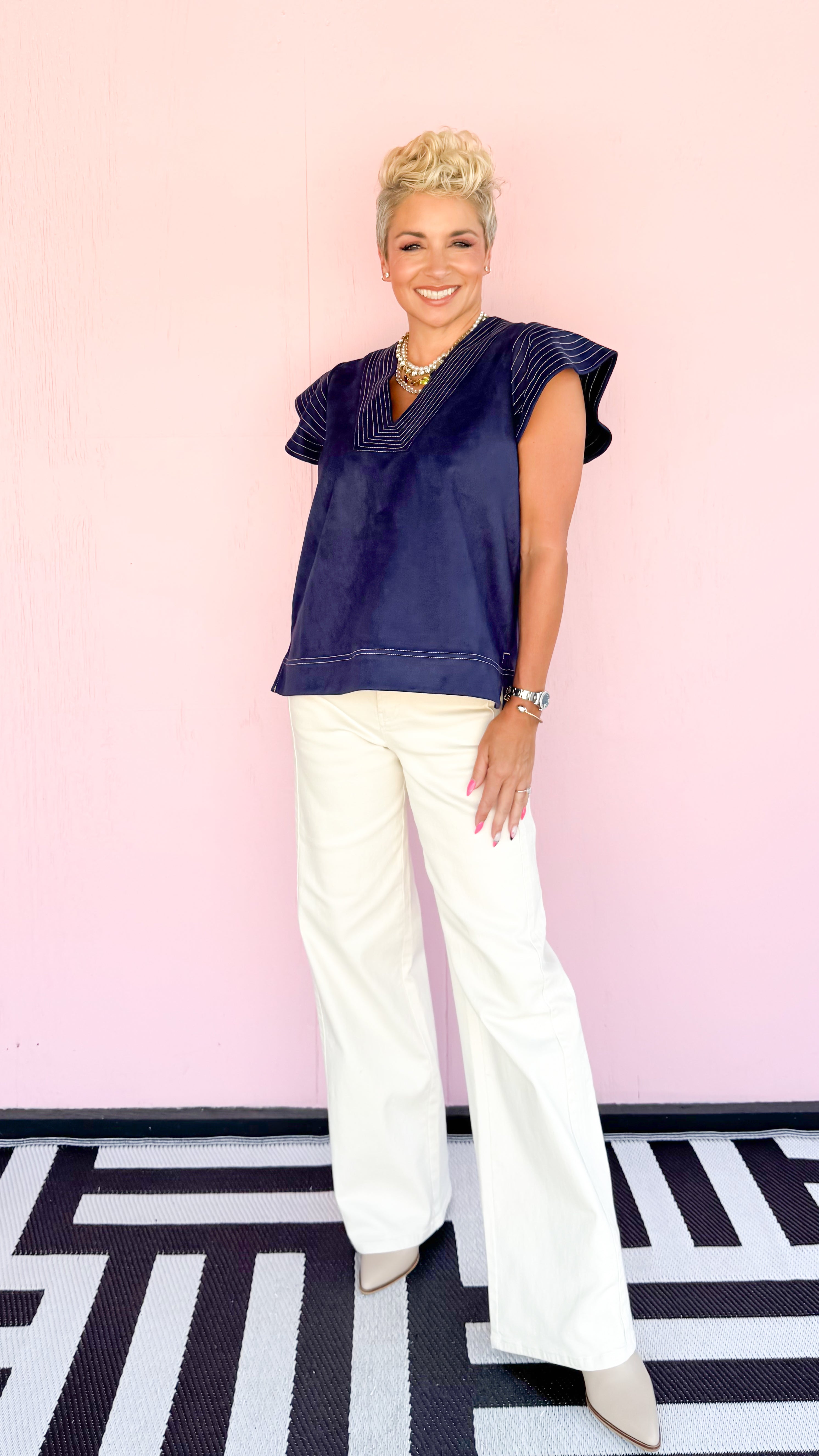 Flutter Sleeve Suede Top/Navy