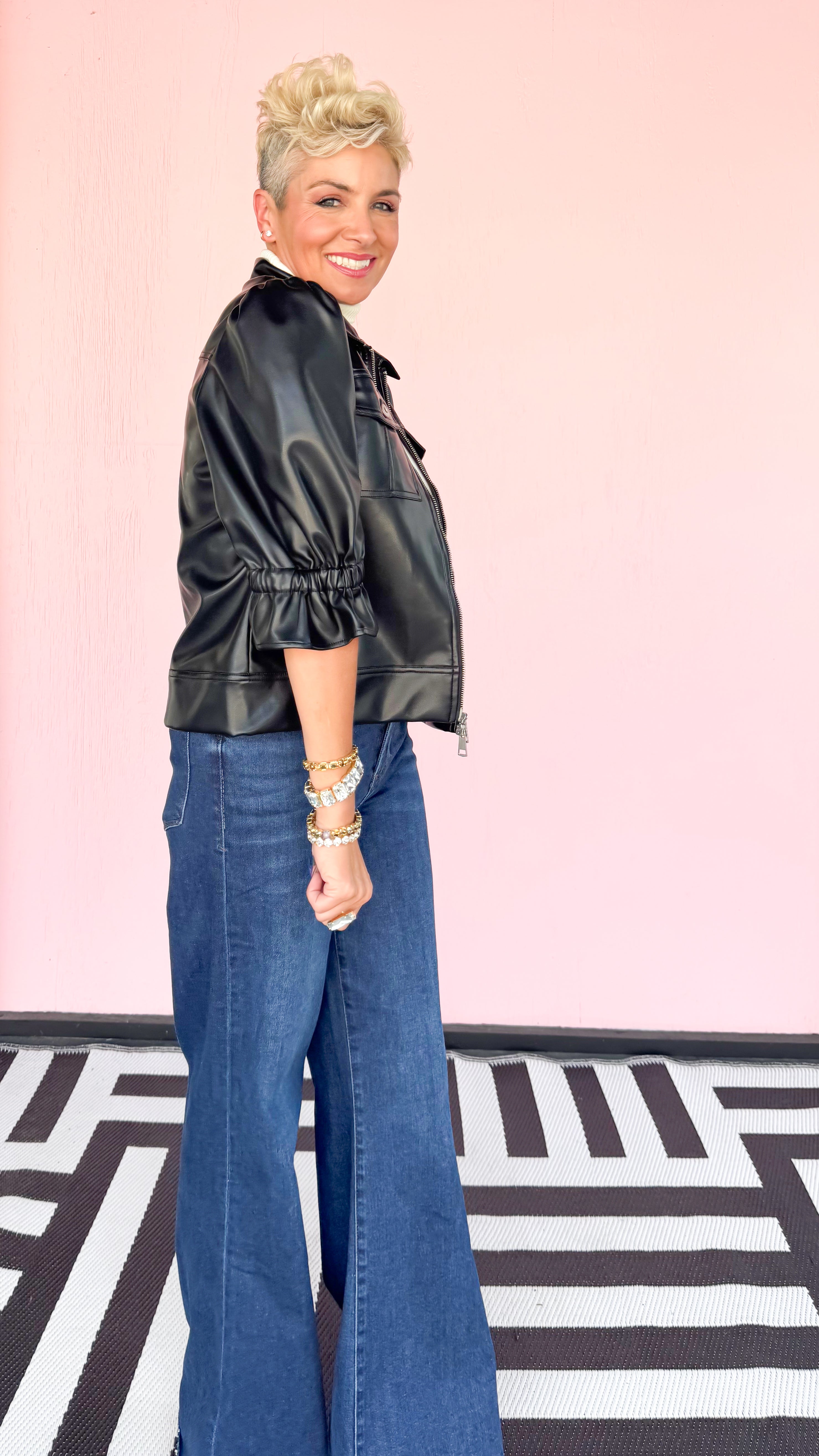Vegan Leather Cropped Jacket 3/4 Sleeve