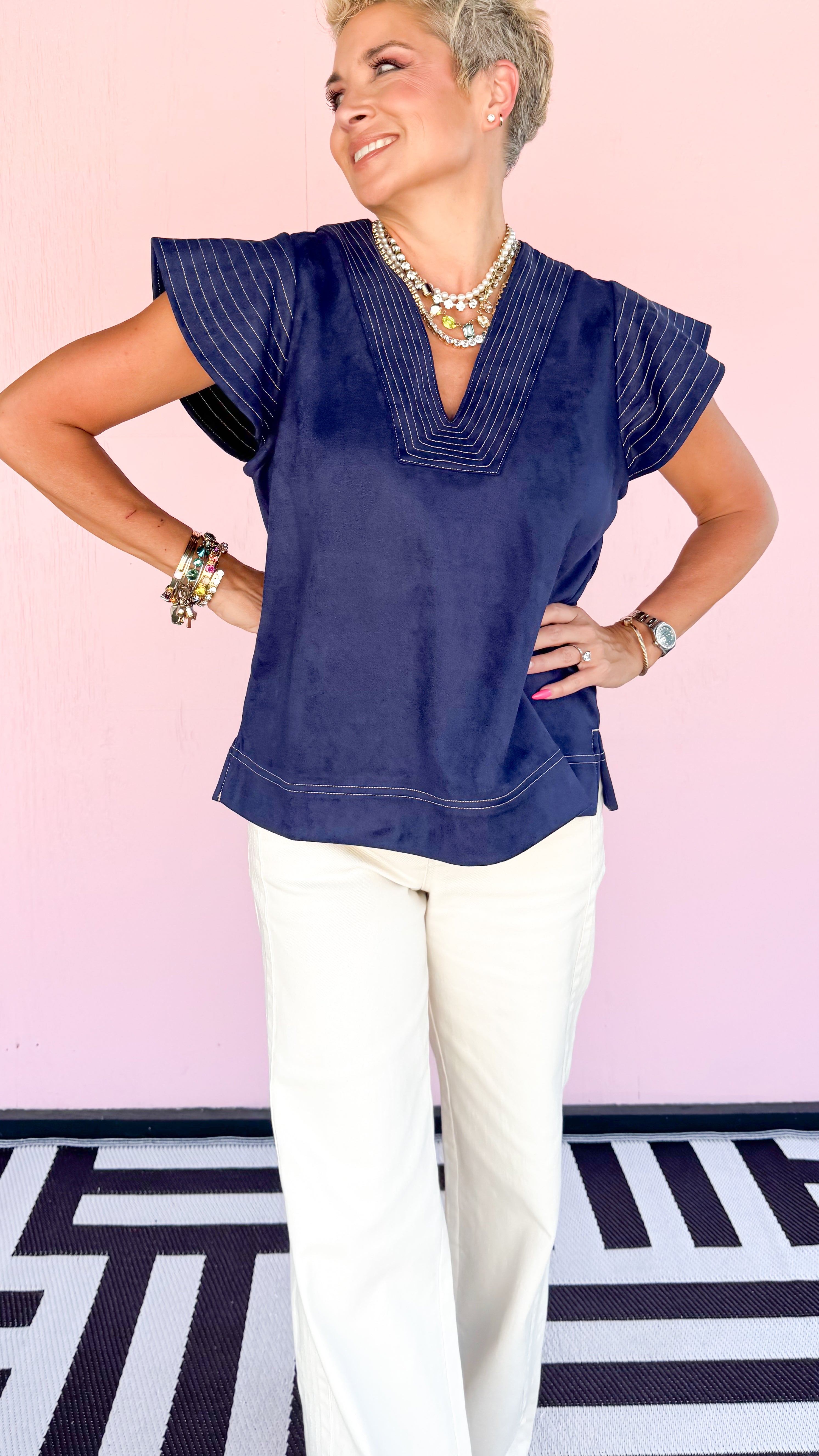 Flutter Sleeve Suede Top/Navy