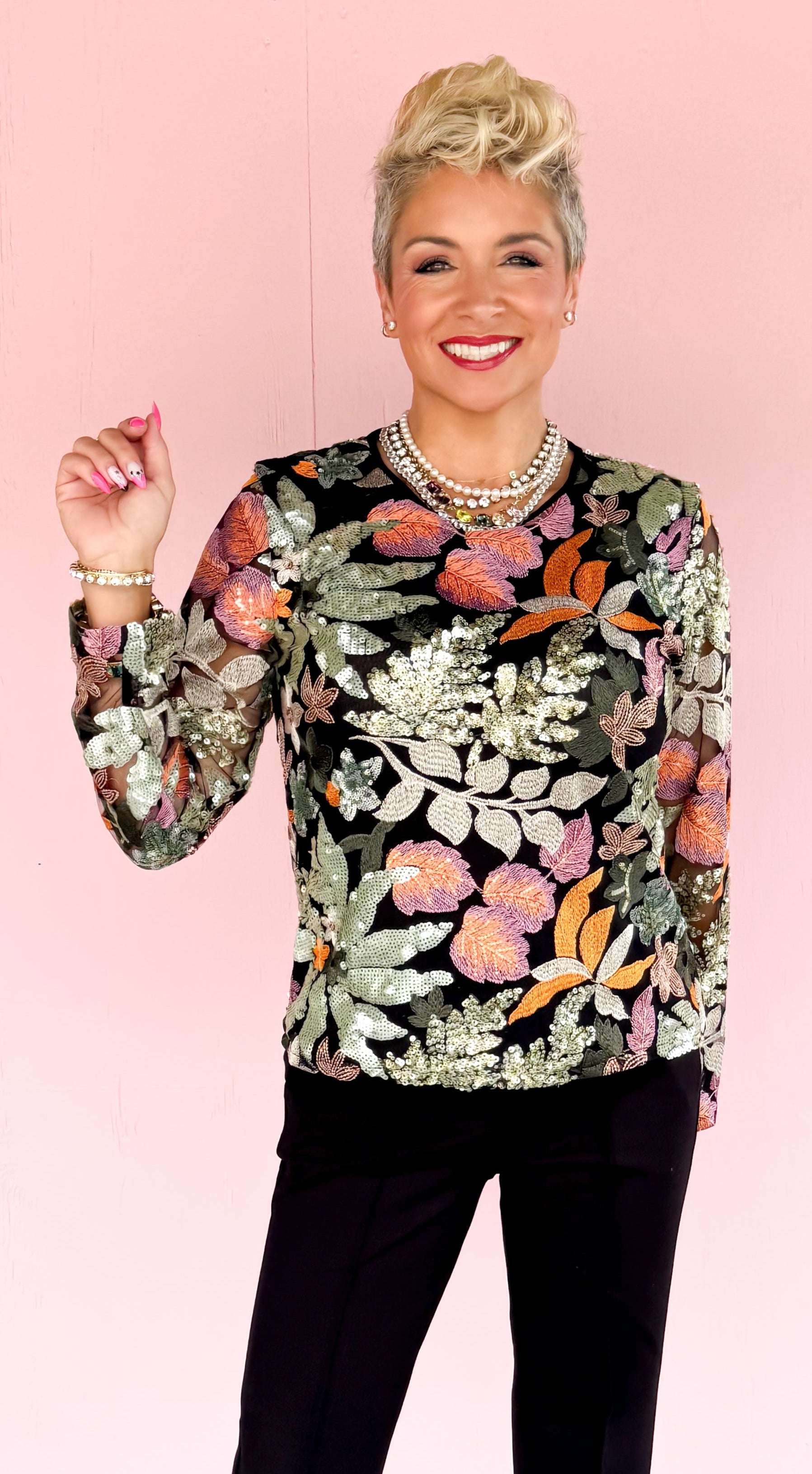 Embroidered Sequined Floral Top/Black