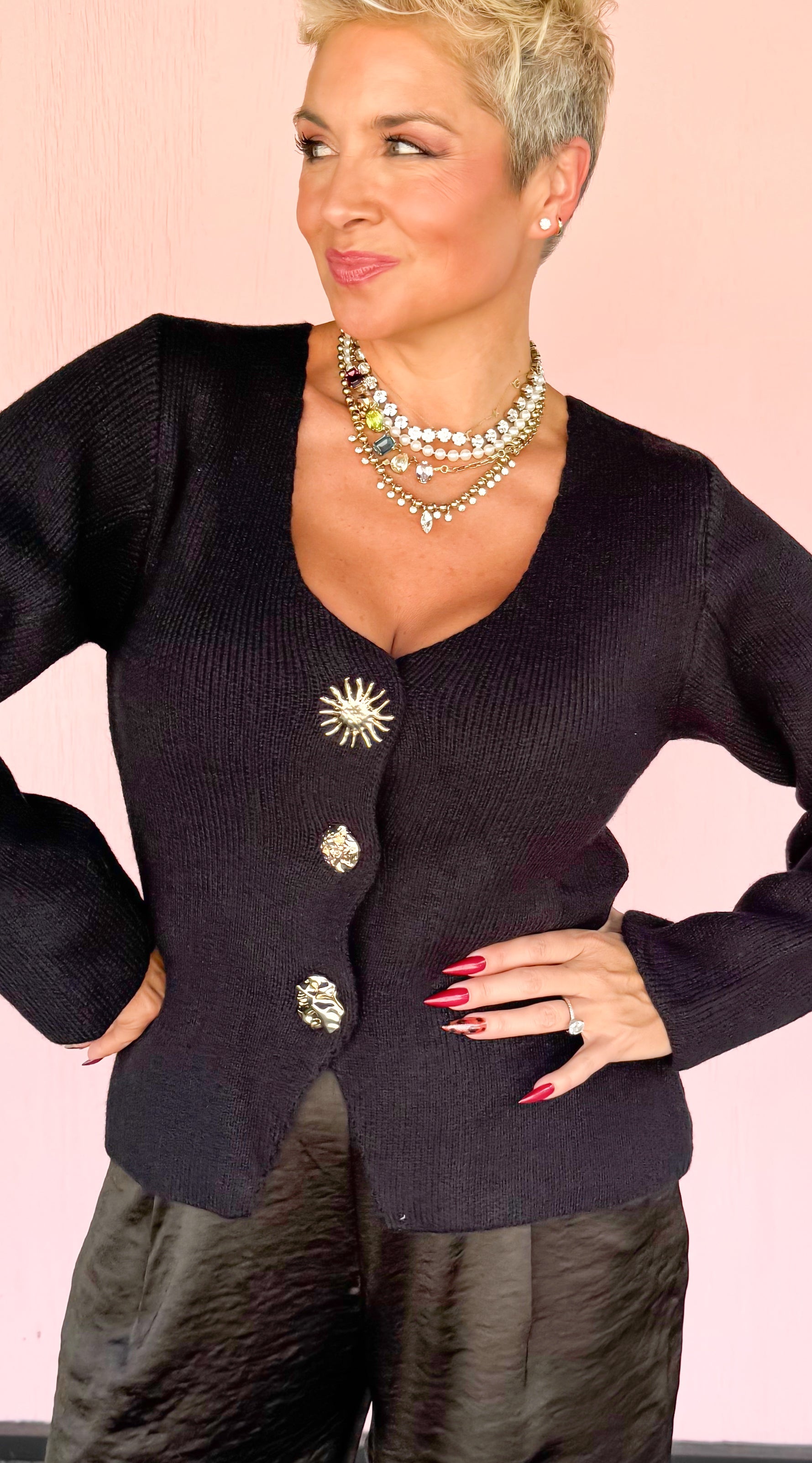 Gold Button Detail Cardigan/Black