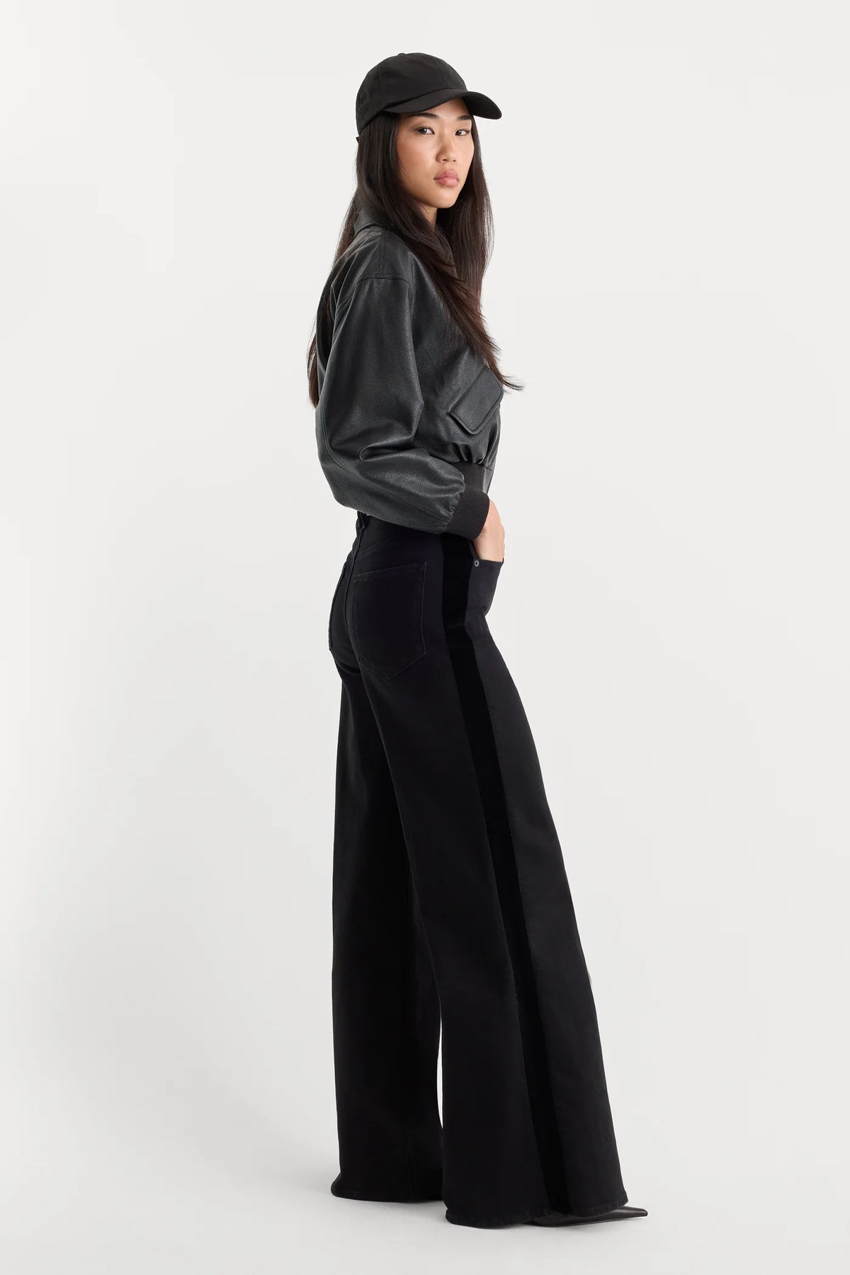 Velvet Side Stripe Palazzo Jeans/Black