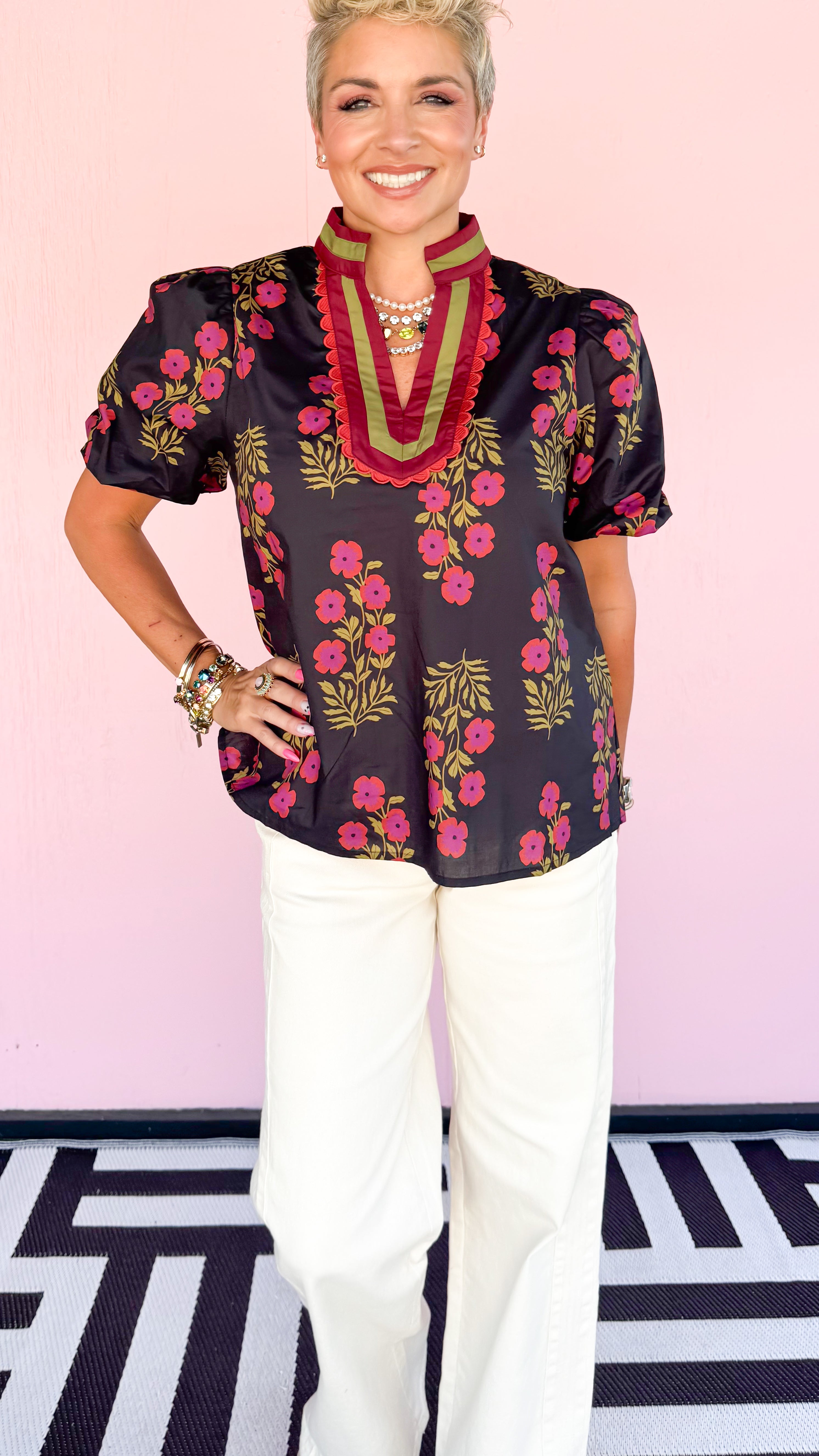 Bubble Sleeve Floral VNeck Top/Black