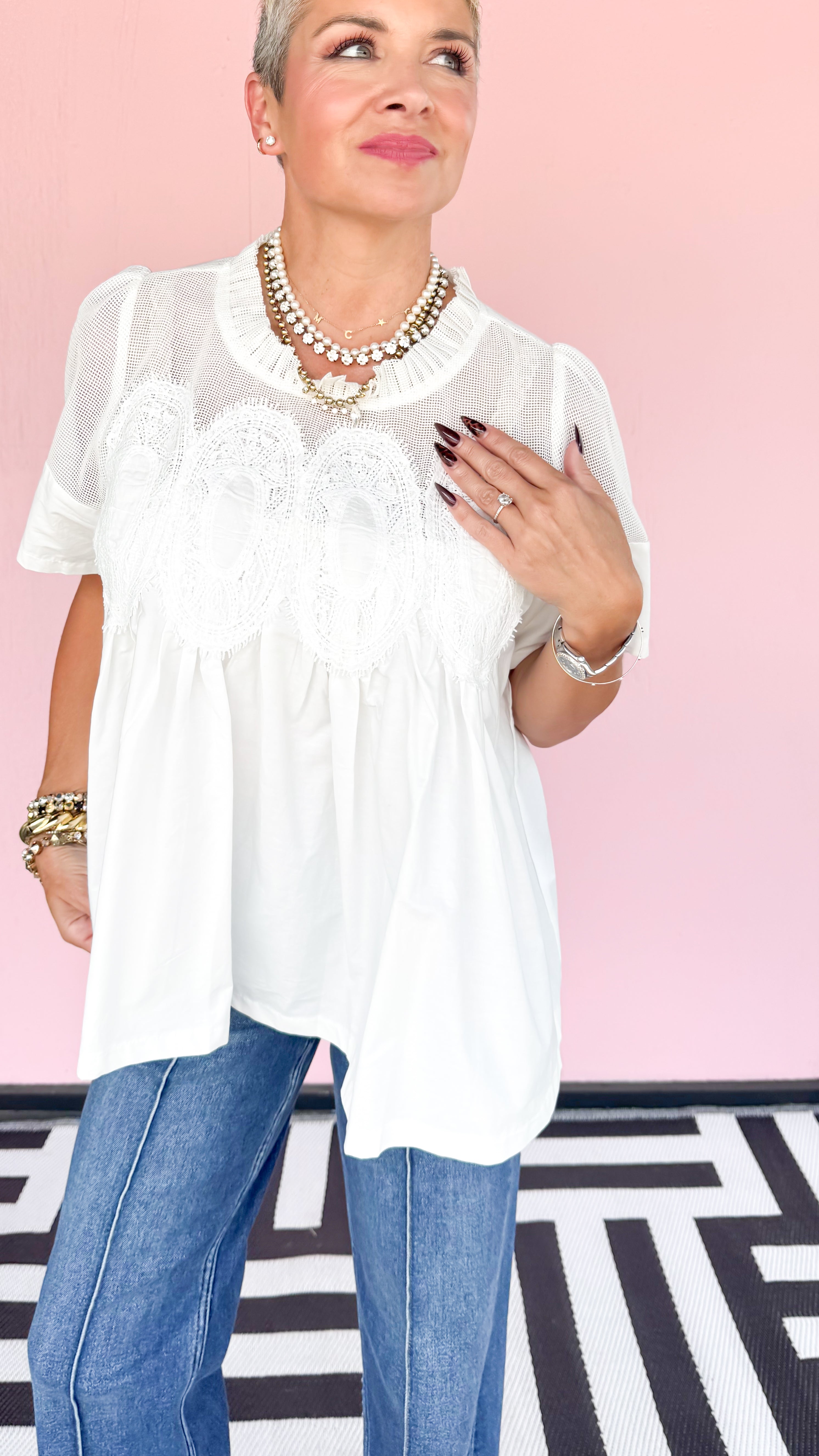 Donna Lace Detail Top/White