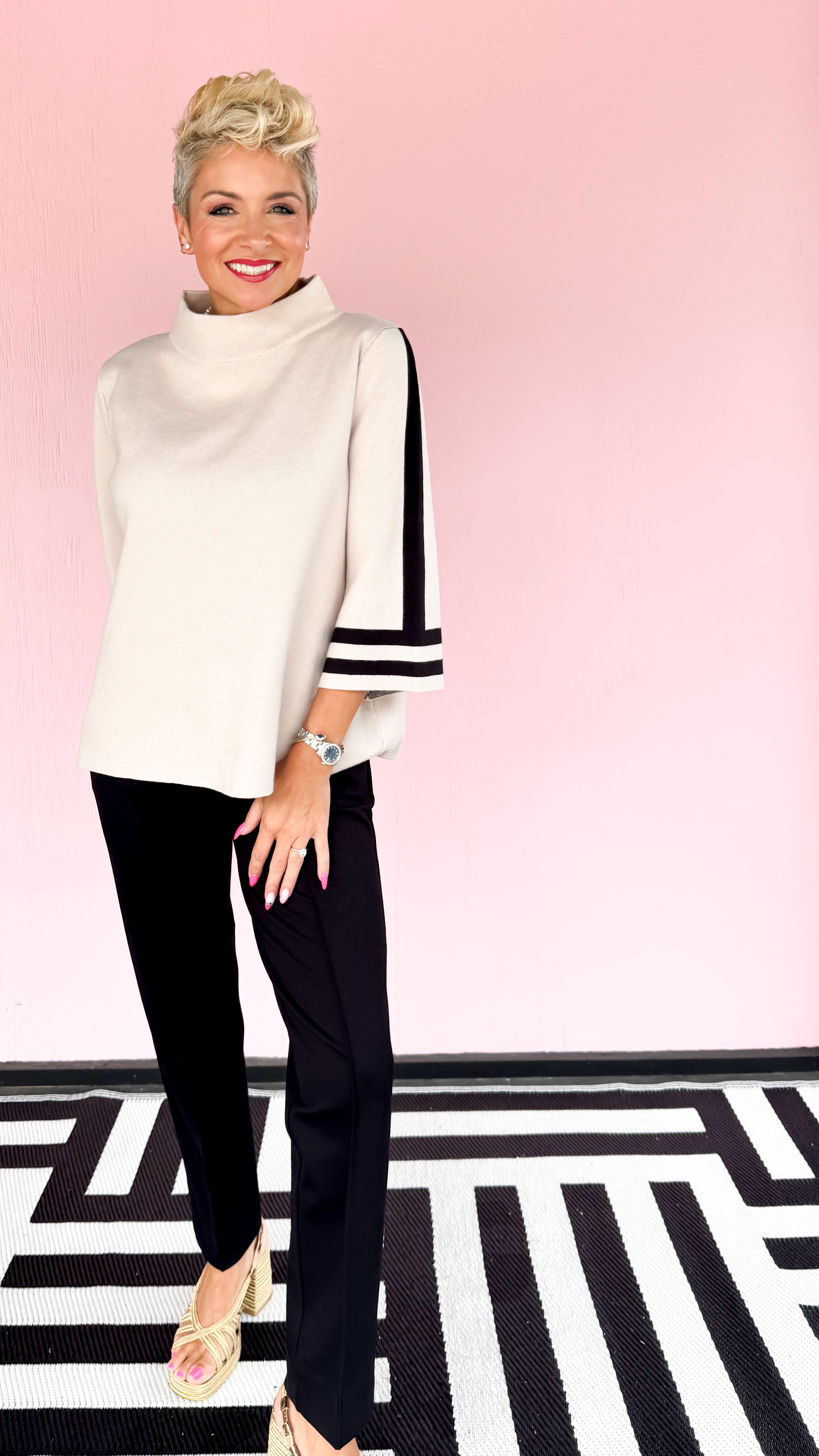 Striped Mock Neck Sweater/Sand