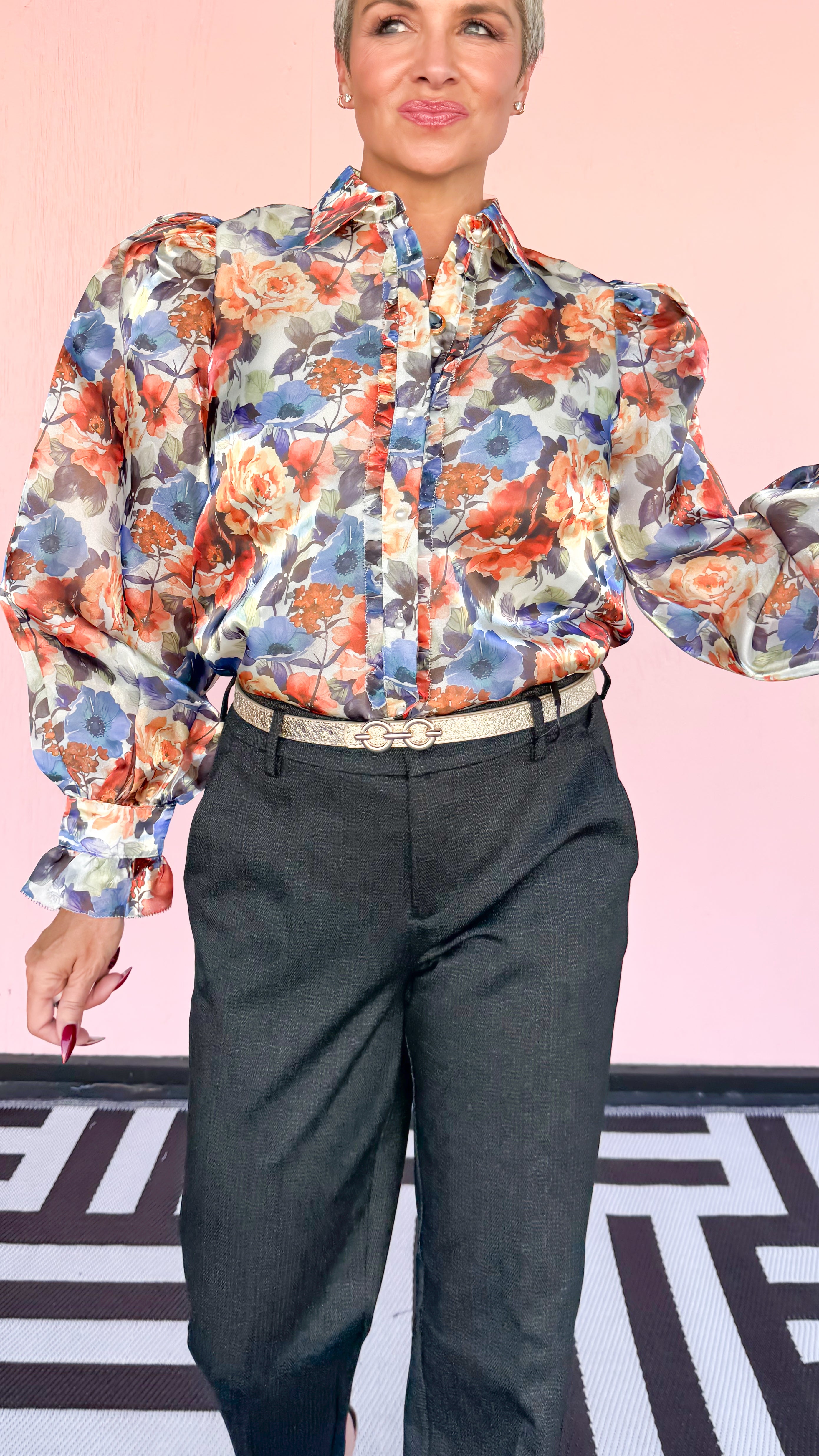 Floral Ruffle Placket Blouse
