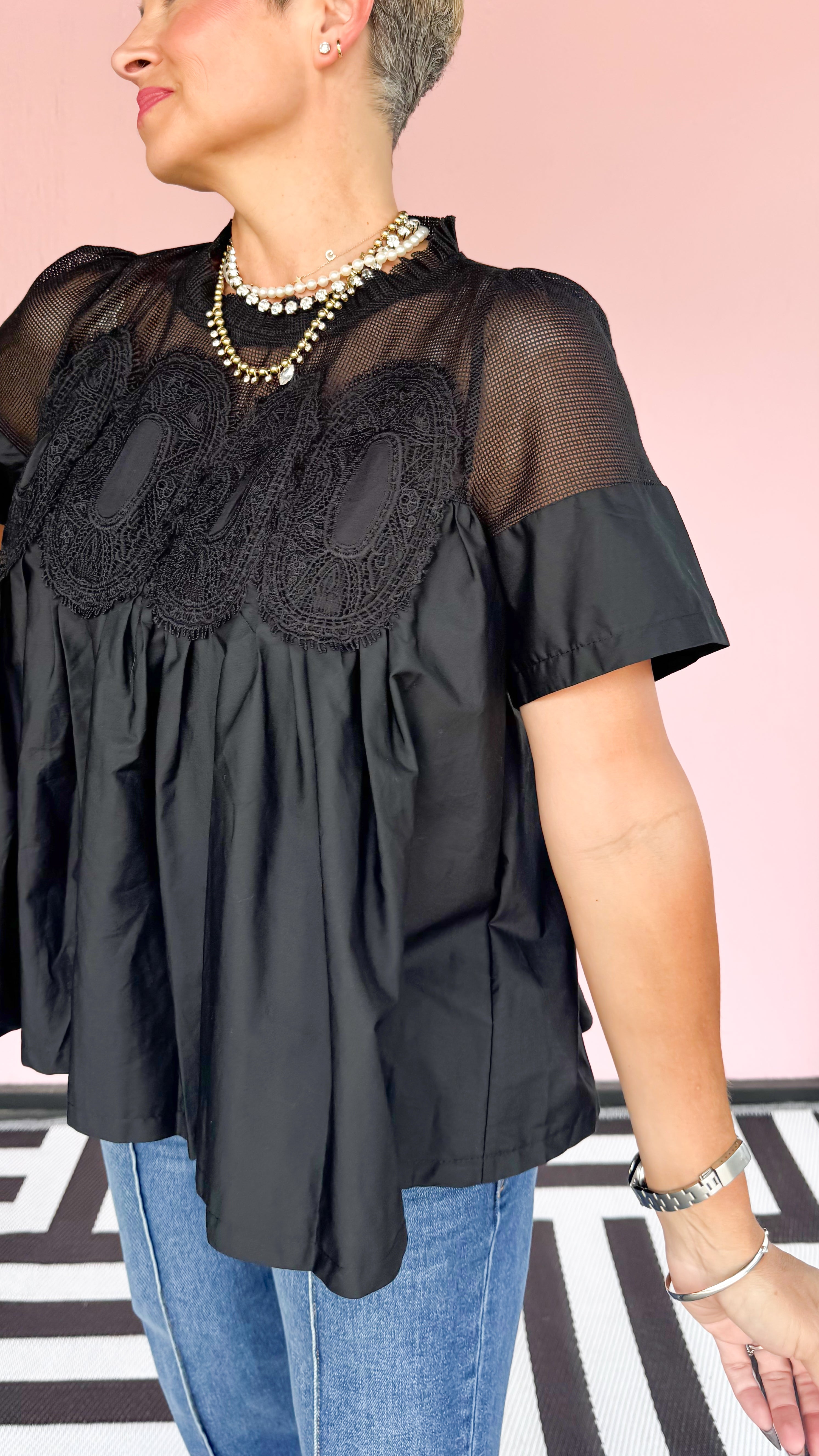 Donna Lace Detail Top/Black