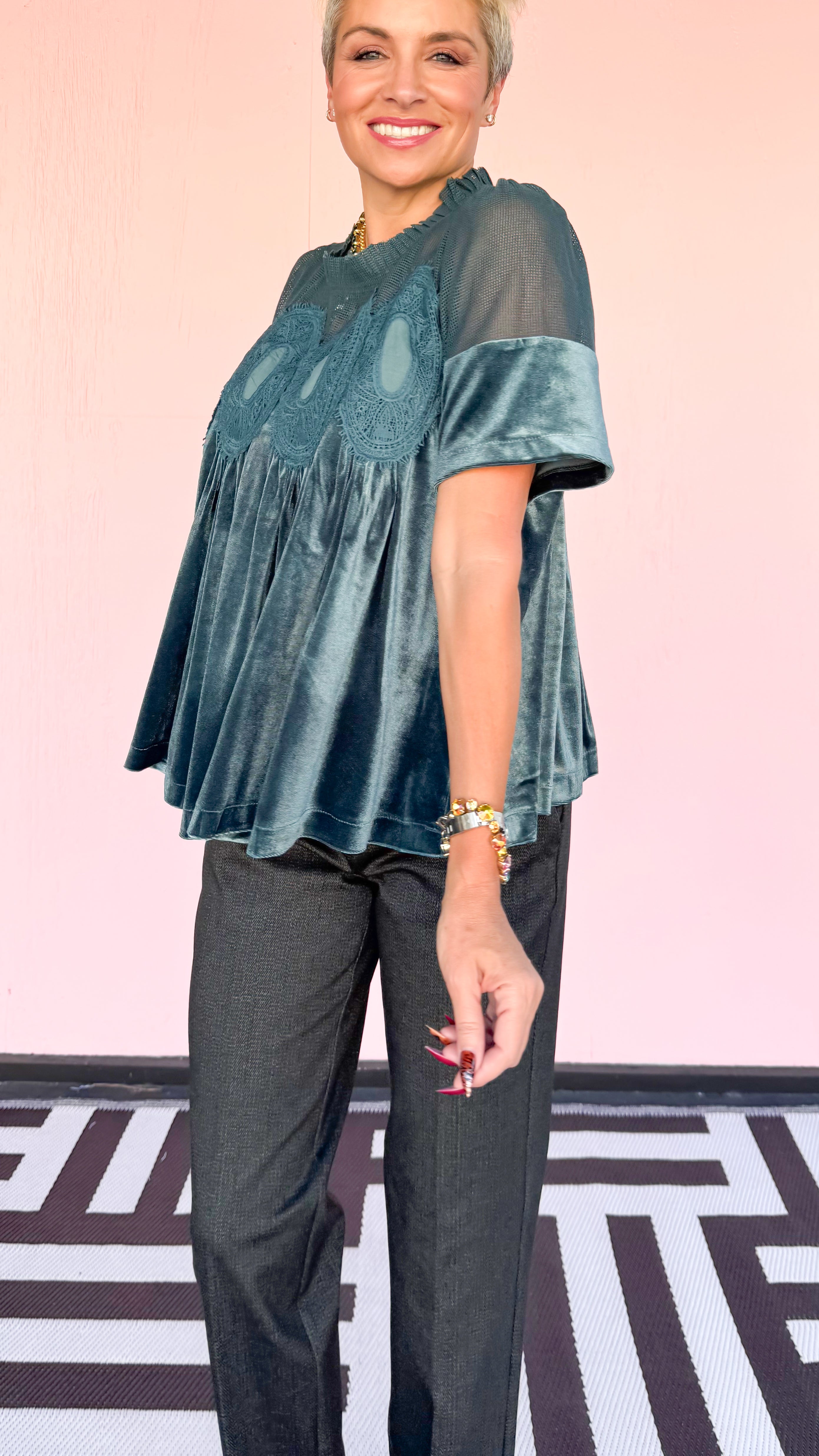 Lace Detail Velvet Babydoll Top/Teal