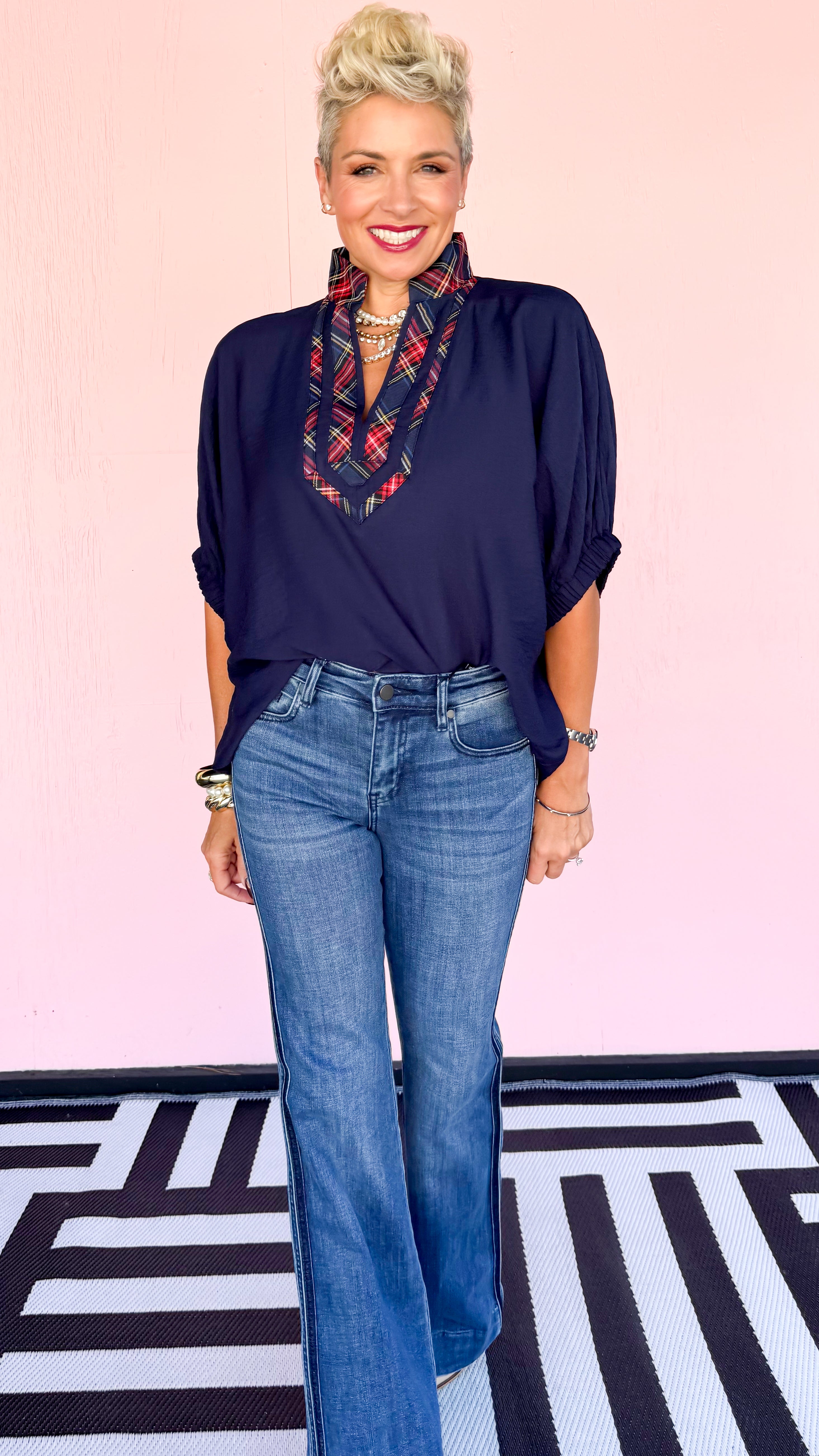 Tartan Trim Top/Navy