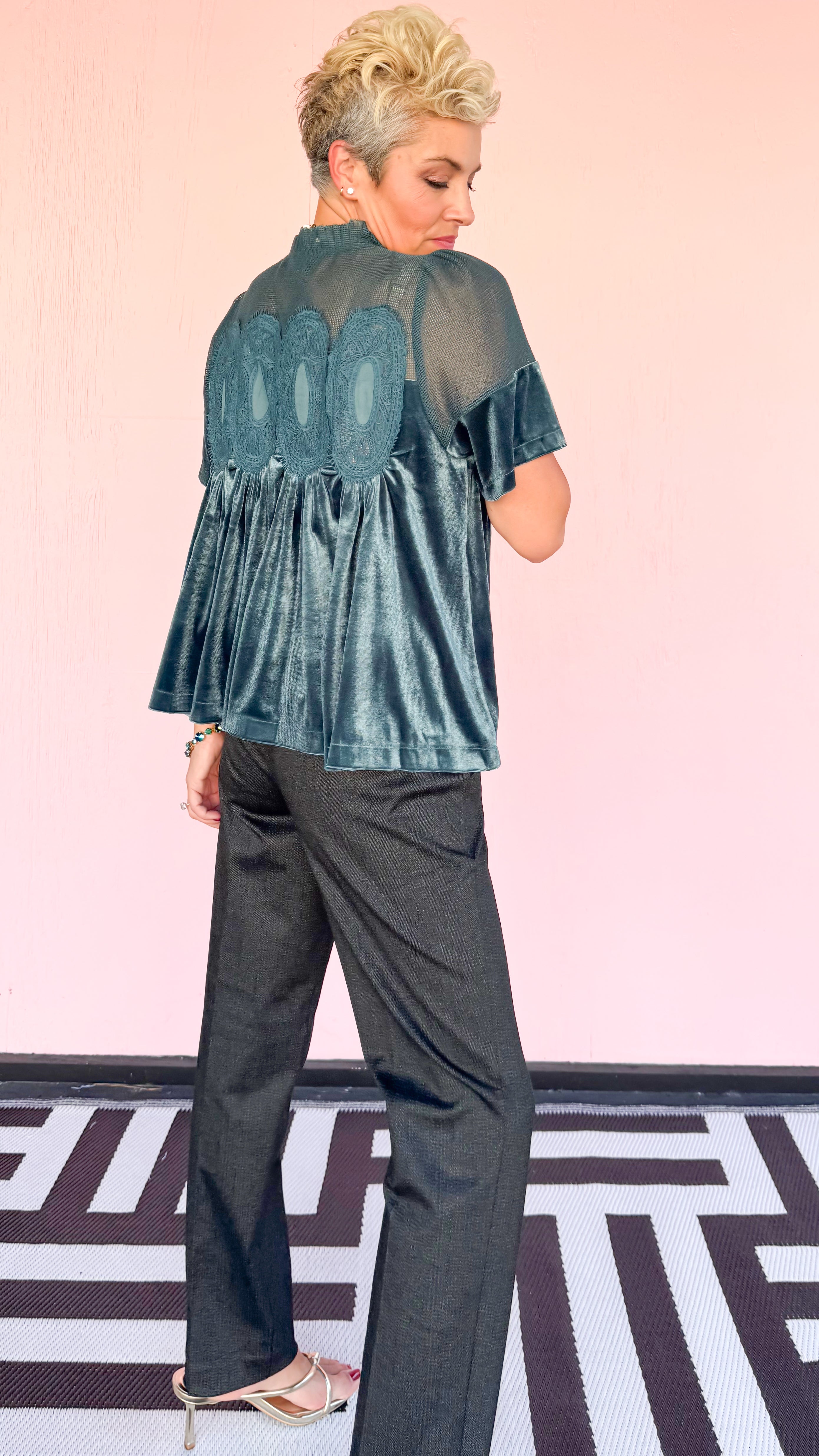 Lace Detail Velvet Babydoll Top/Teal