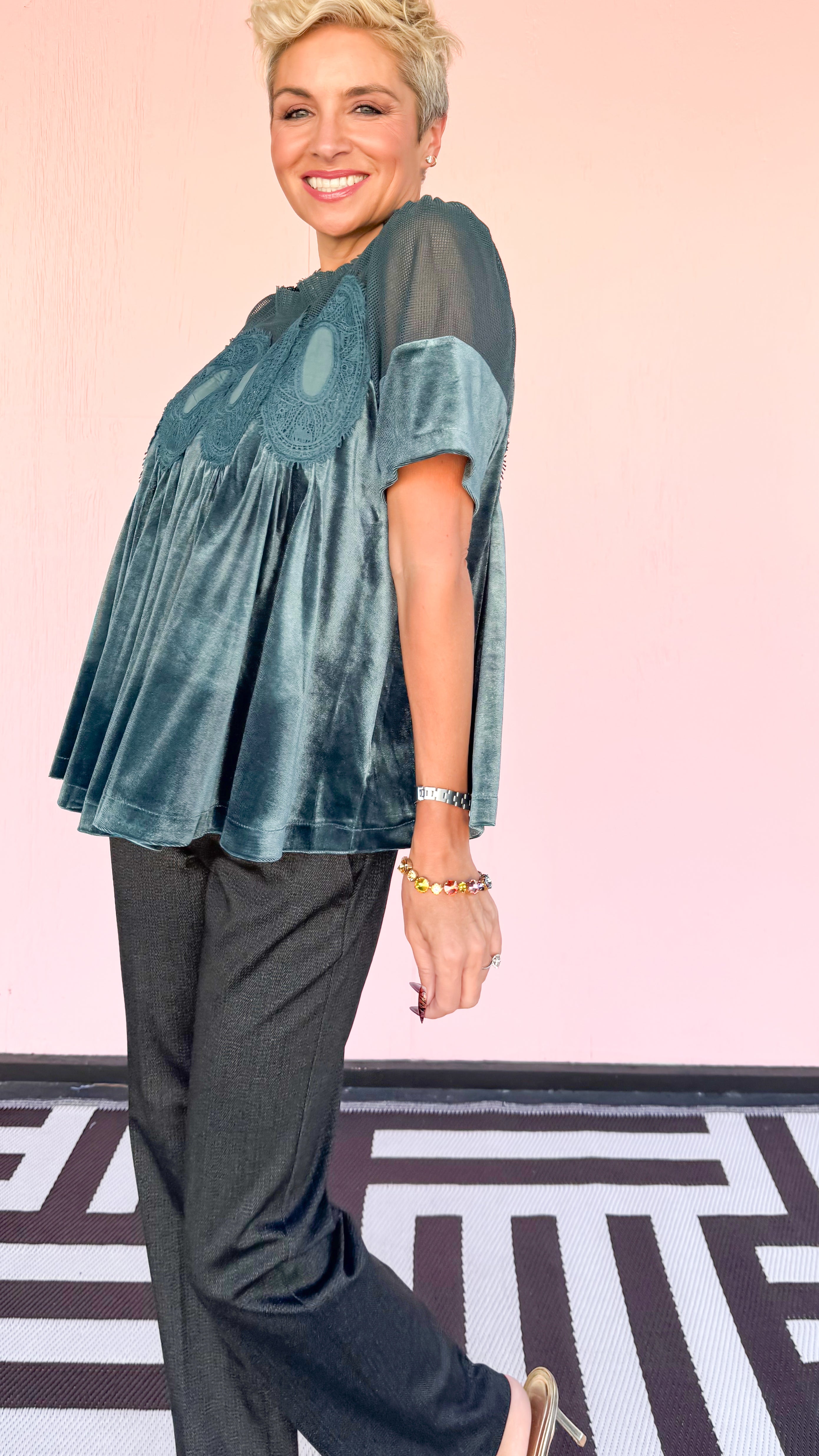 Lace Detail Velvet Babydoll Top/Teal