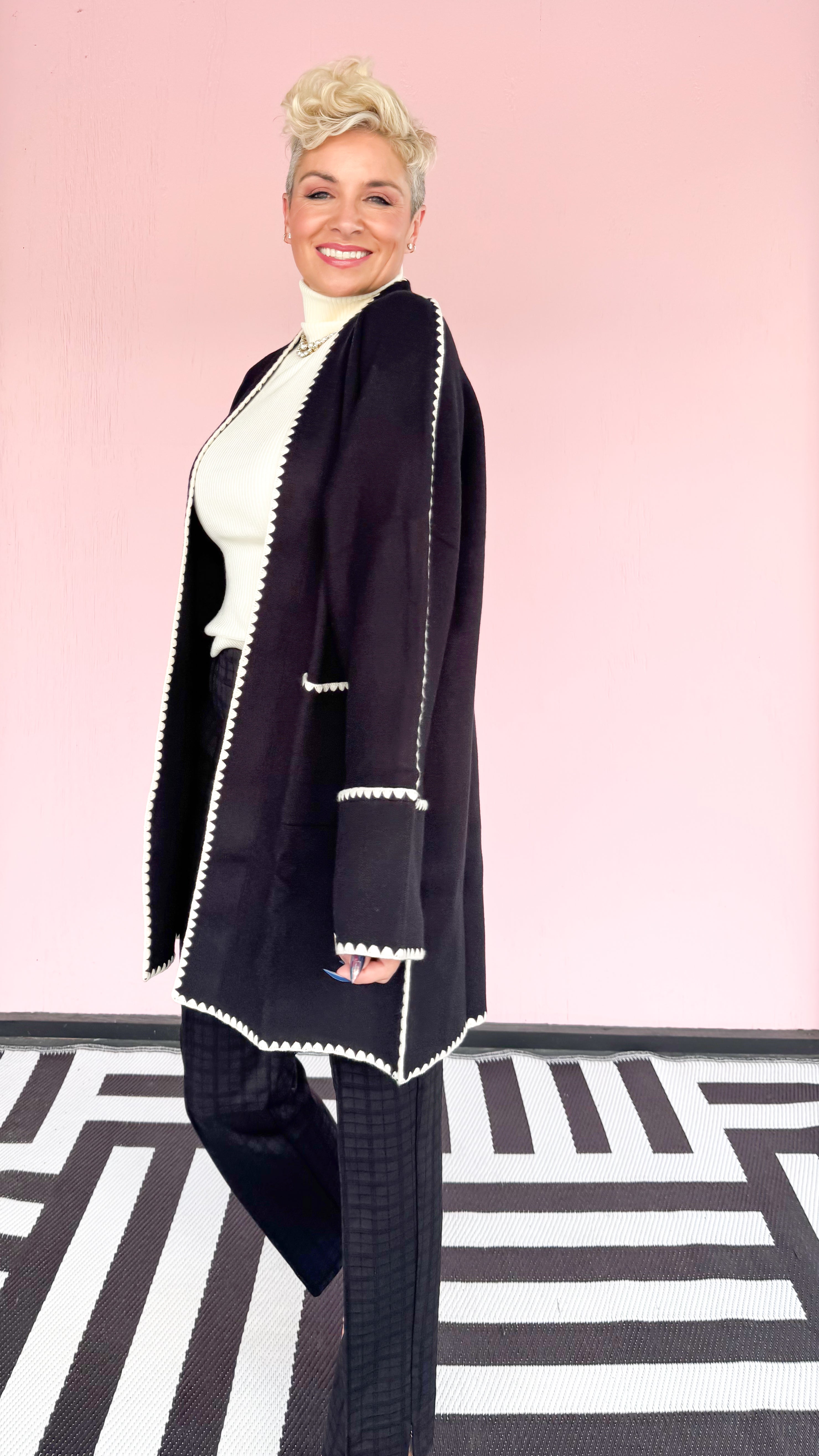 Open Front Long Cardigan with Stiching