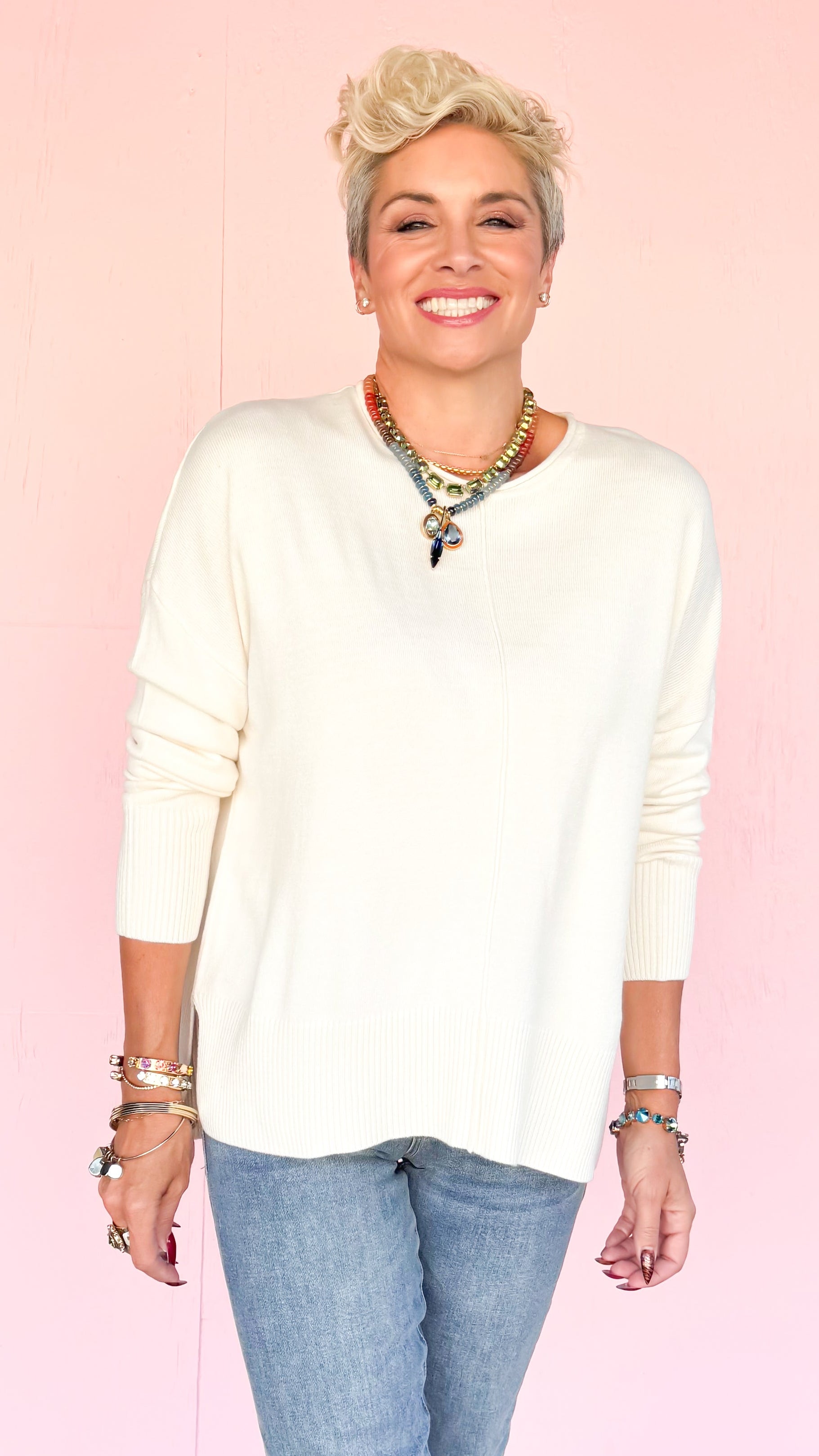 Roll Neck Drop Shoulder Sweater/Cream