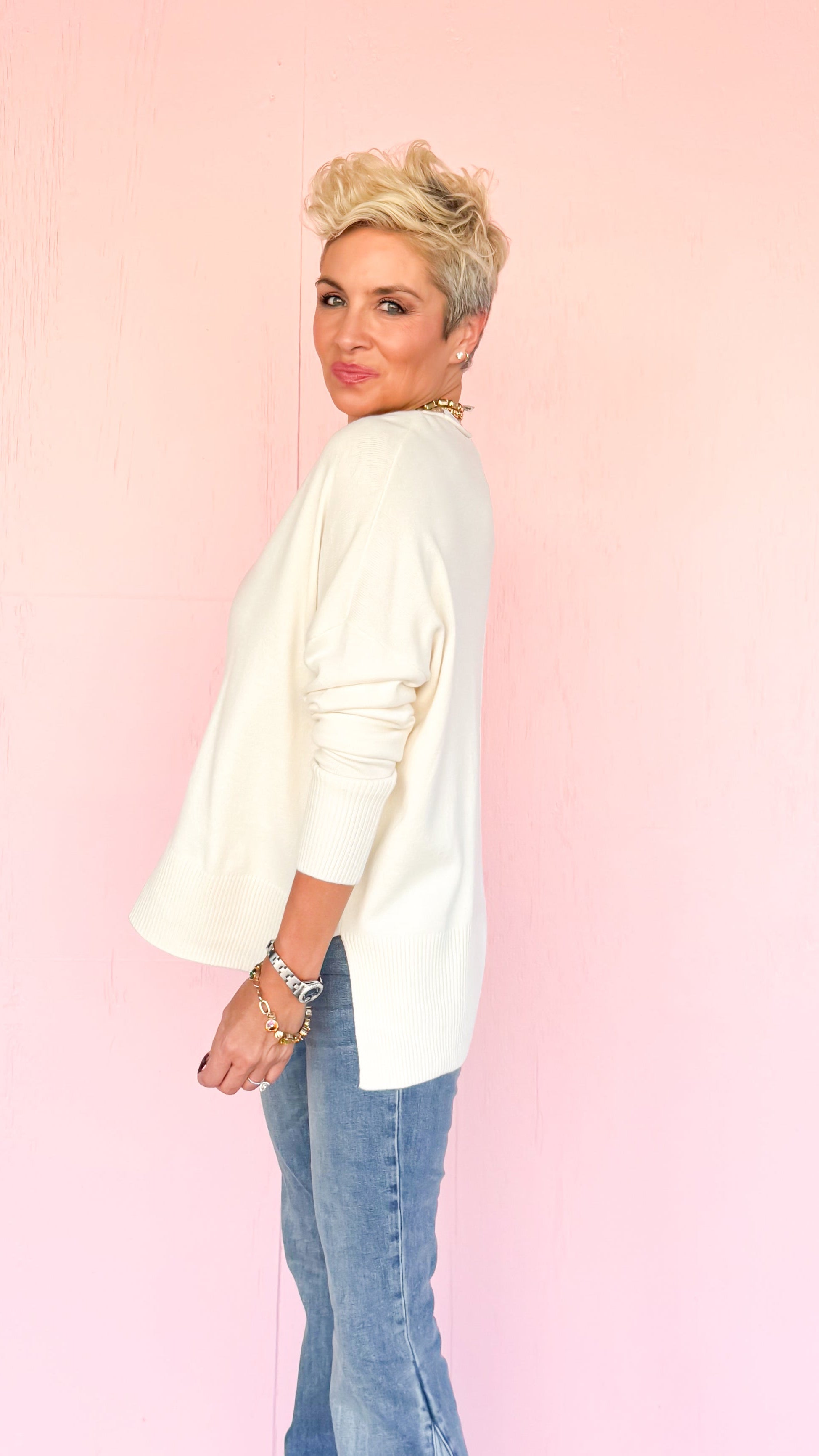 Roll Neck Drop Shoulder Sweater/Cream