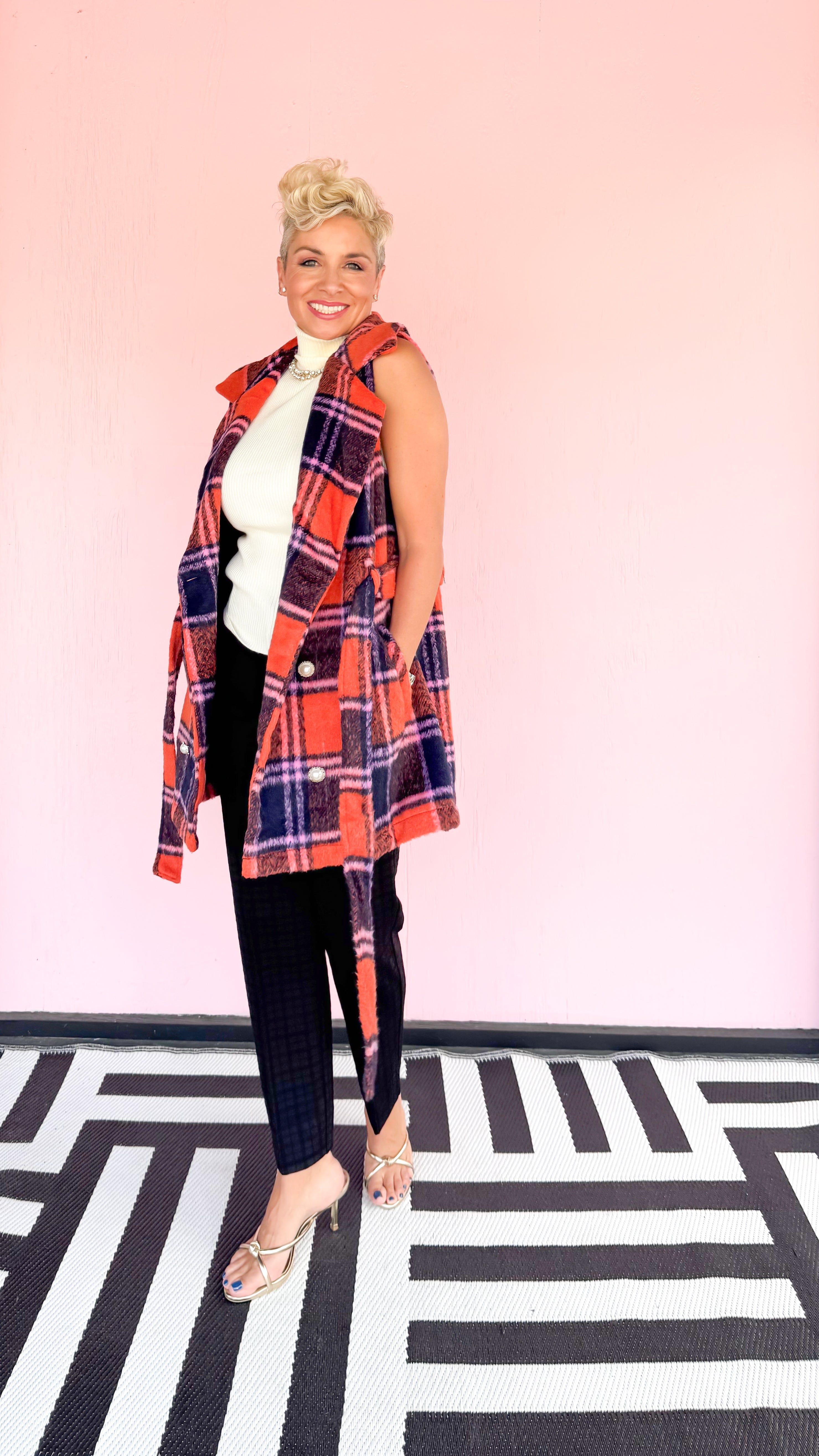 Plaid Double Breasted Vest Pearl Buttons