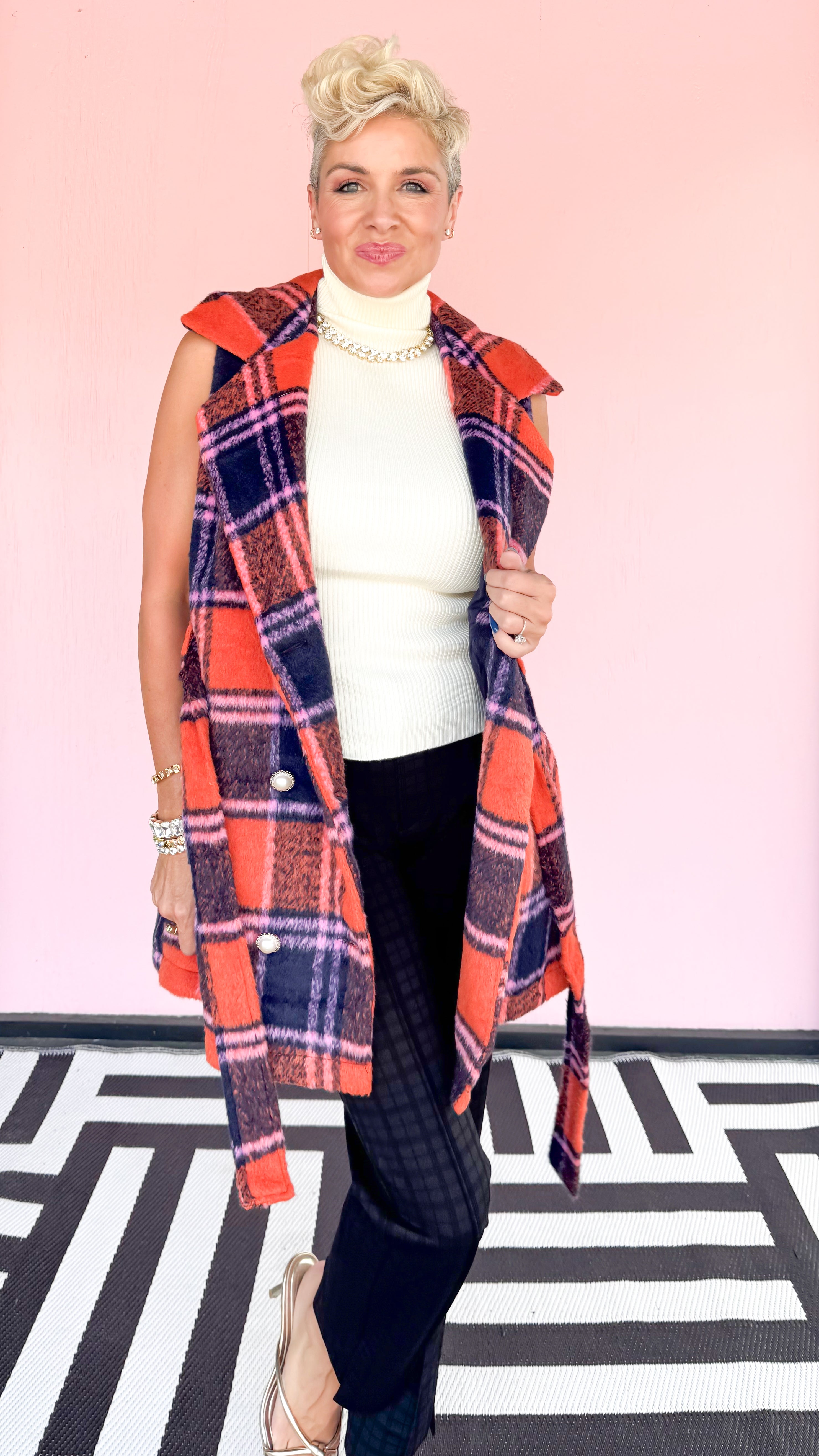 Plaid Double Breasted Vest Pearl Buttons