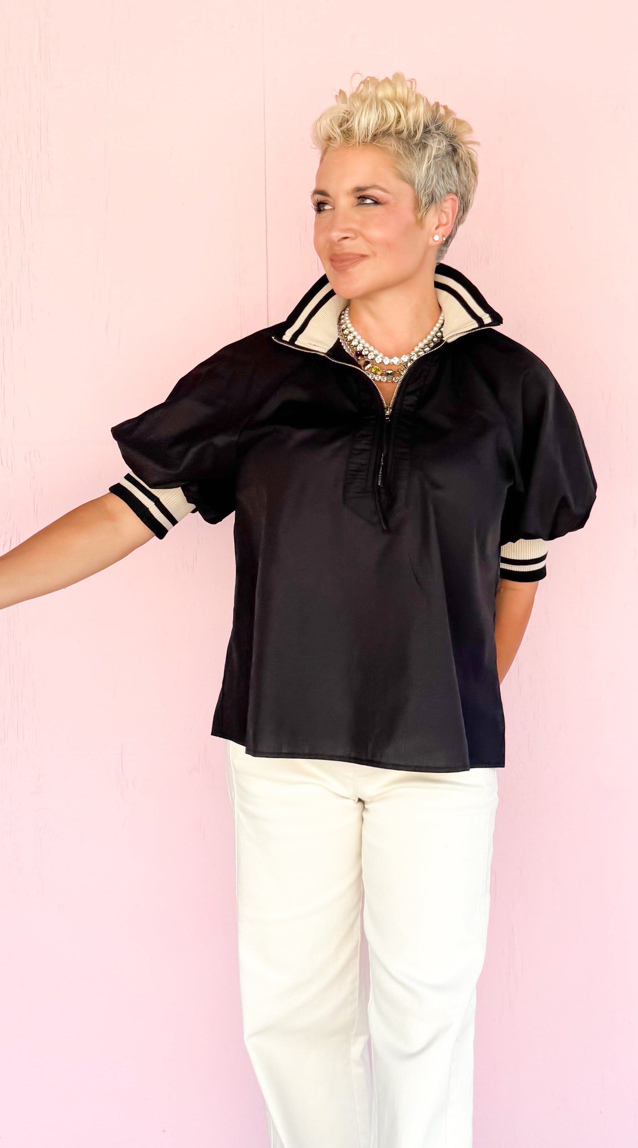 1/2 Zip Cuffed Top/Black