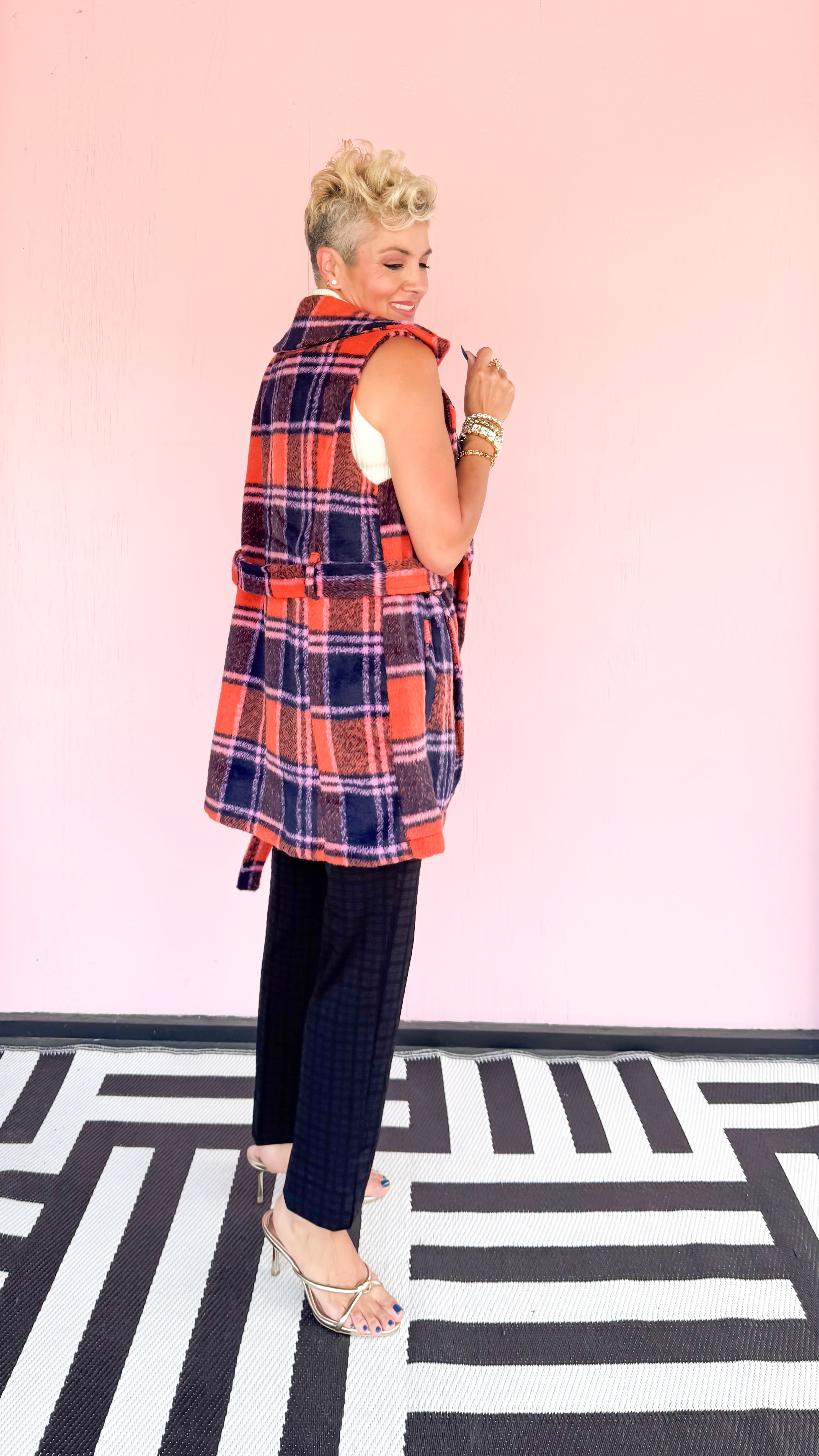 Plaid Double Breasted Vest Pearl Buttons