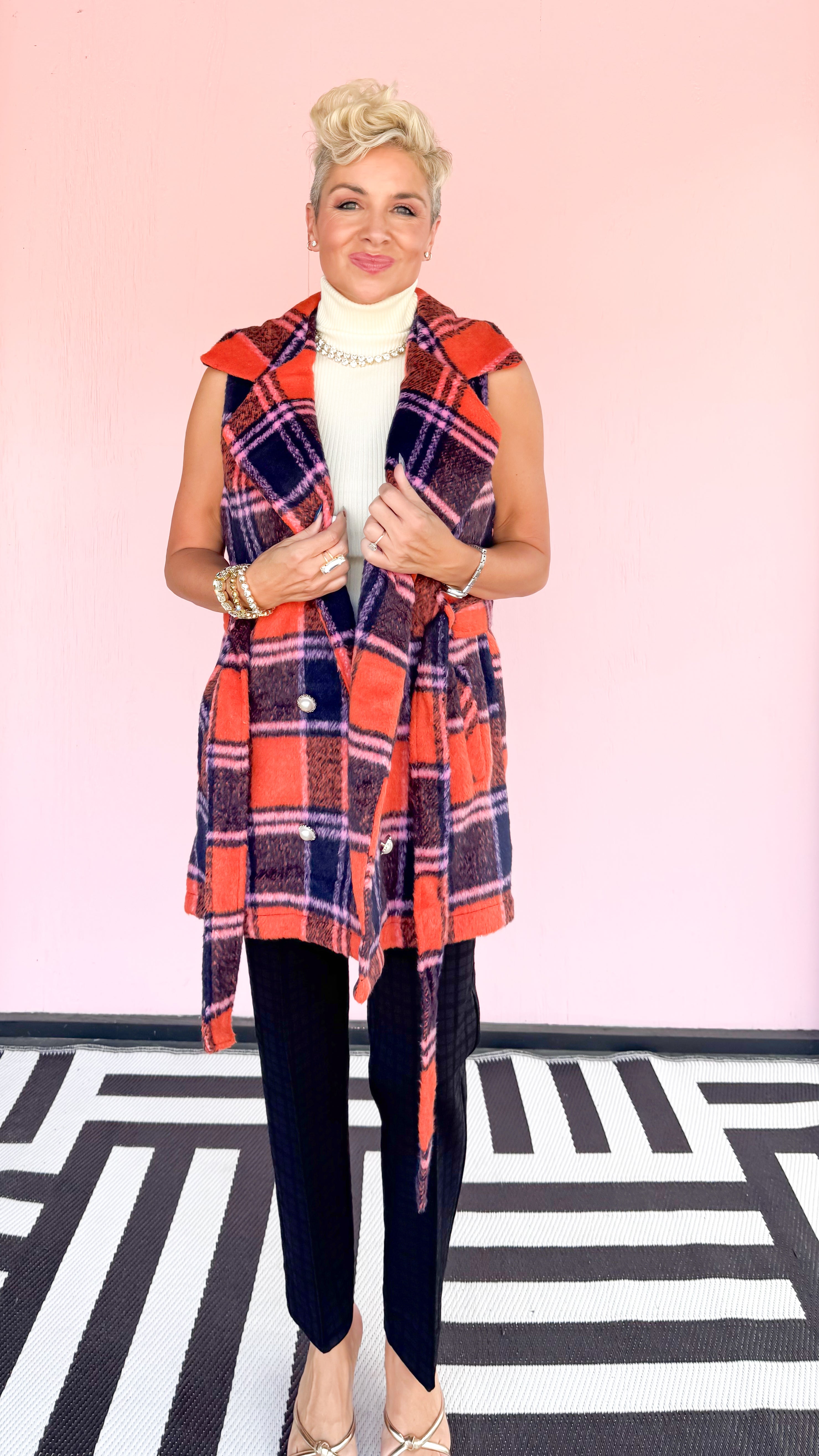 Plaid Double Breasted Vest Pearl Buttons