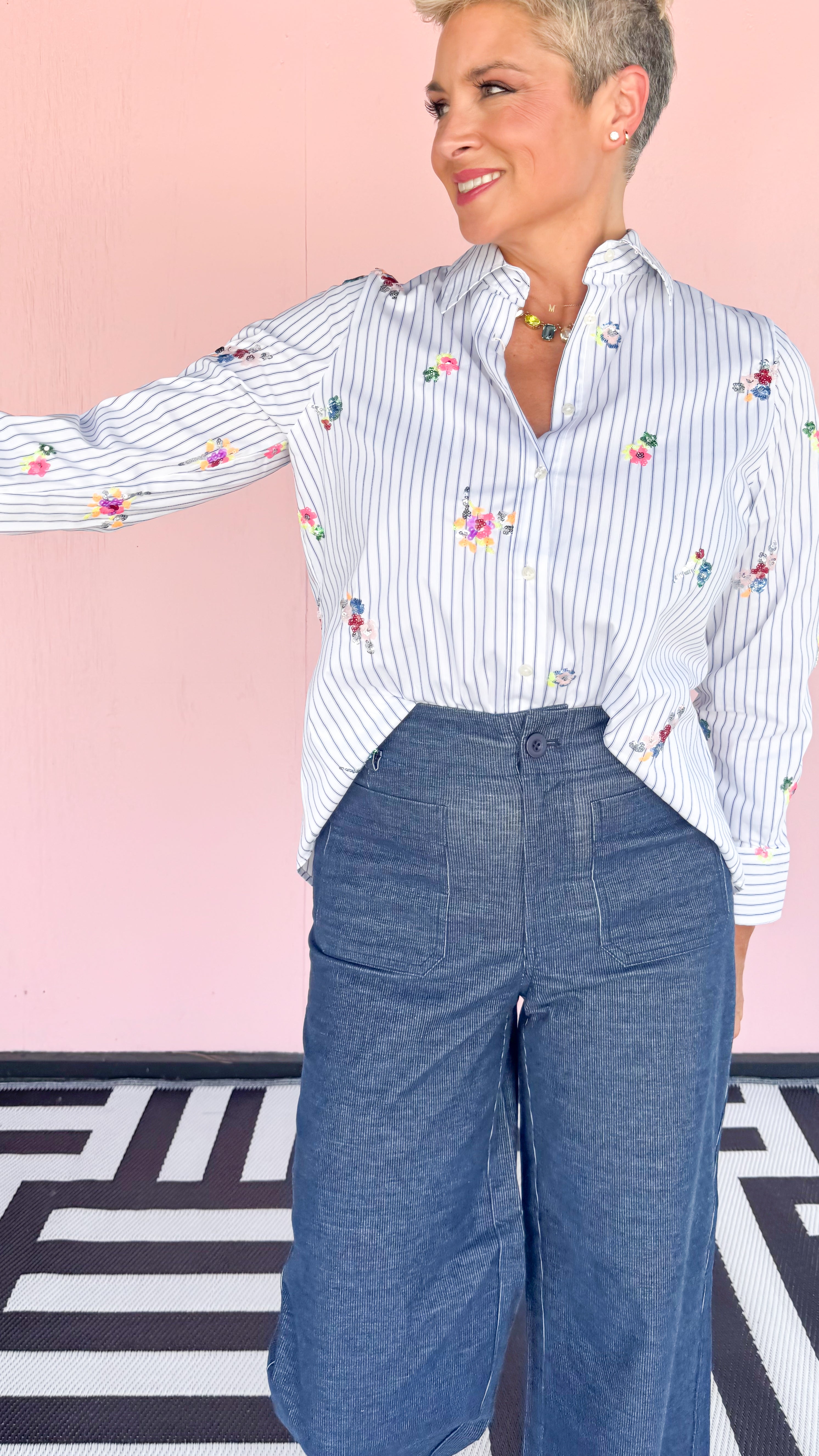 Sequin Floral Striped Blouse