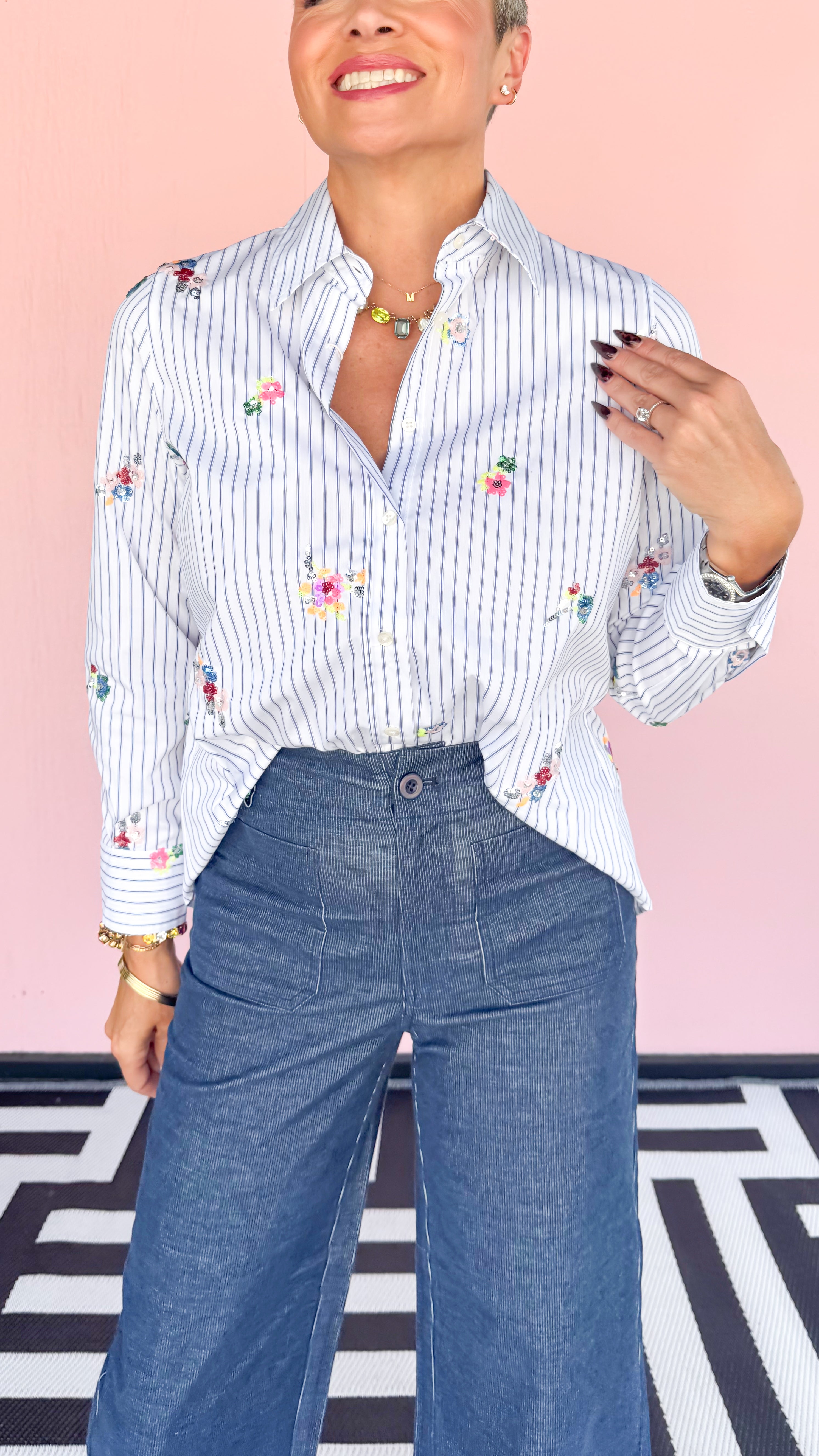 Sequin Floral Striped Blouse