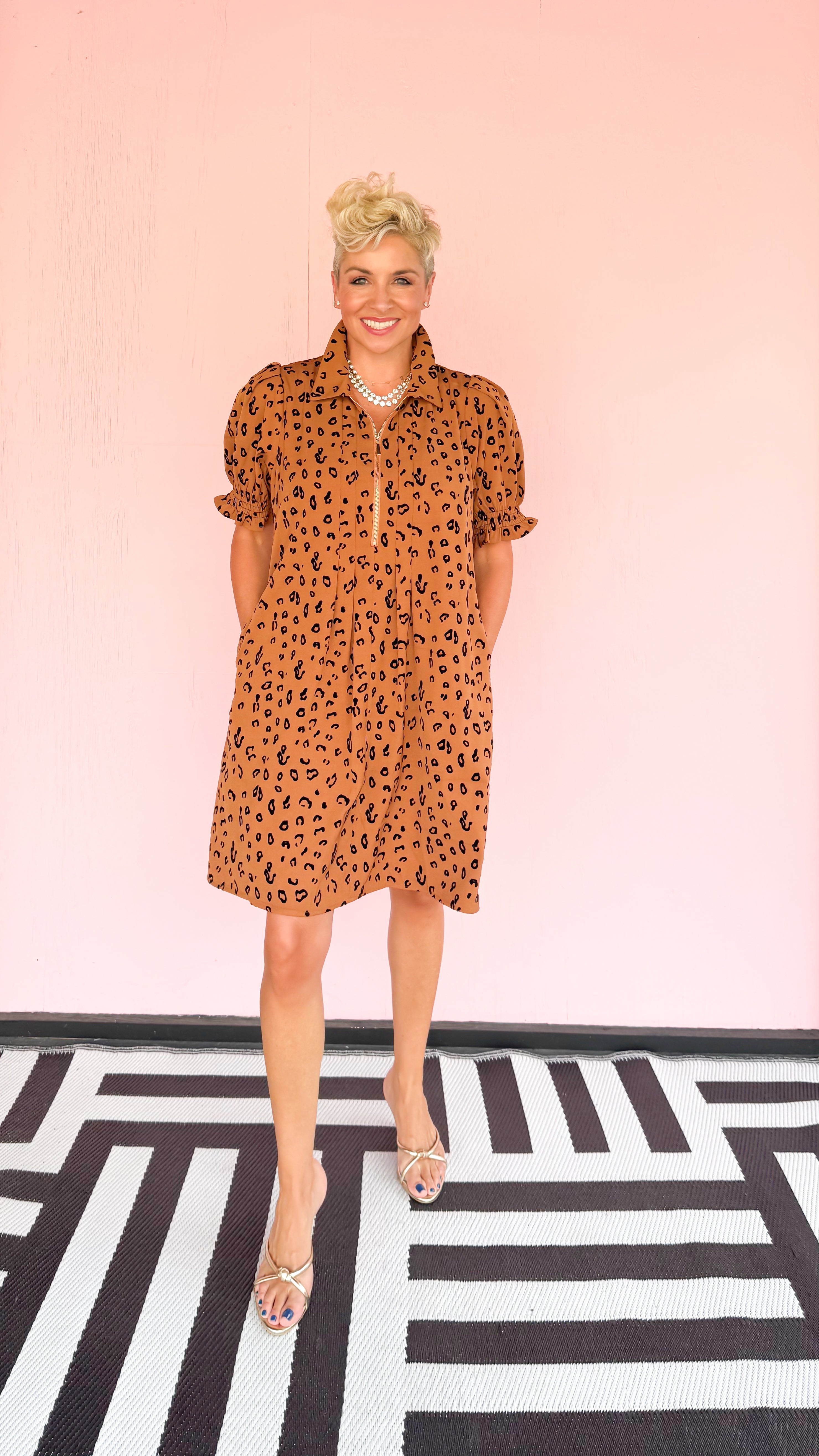 Front Zip Darts Dress/Brown Leopard