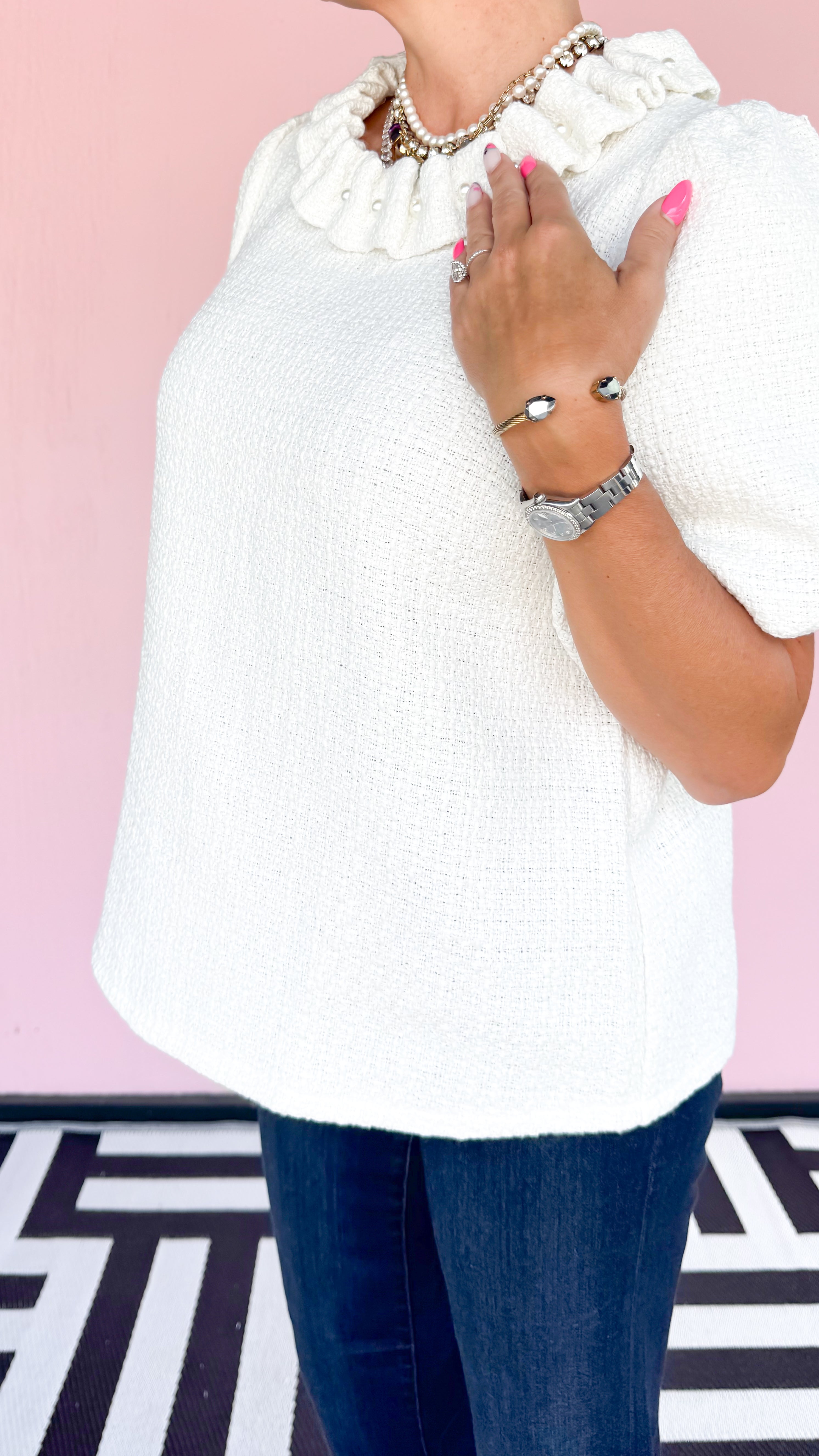 Laney Pearl Neckline Top/Cream
