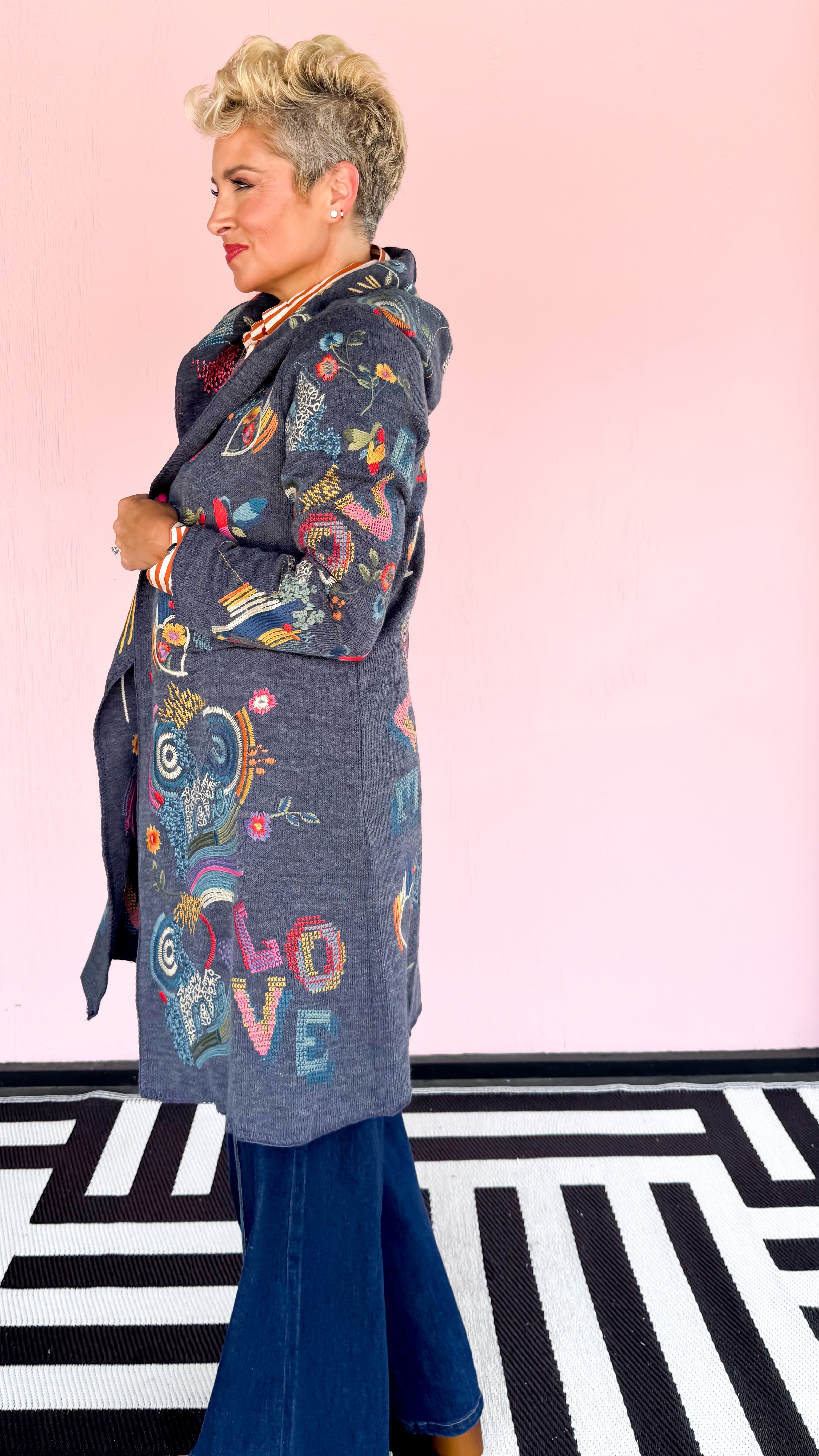 LOVE Embroidered Sweater Coat