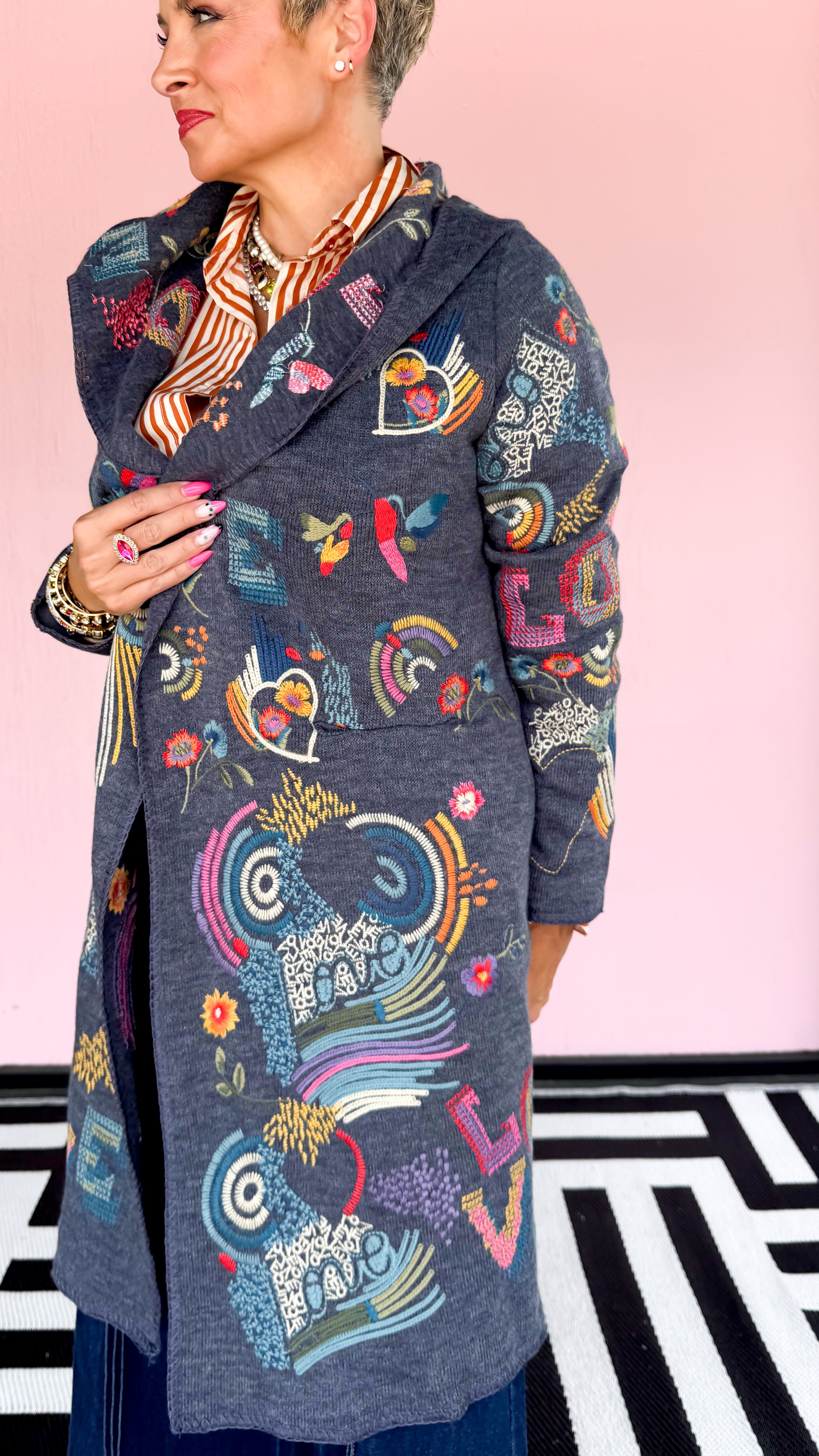 LOVE Embroidered Sweater Coat