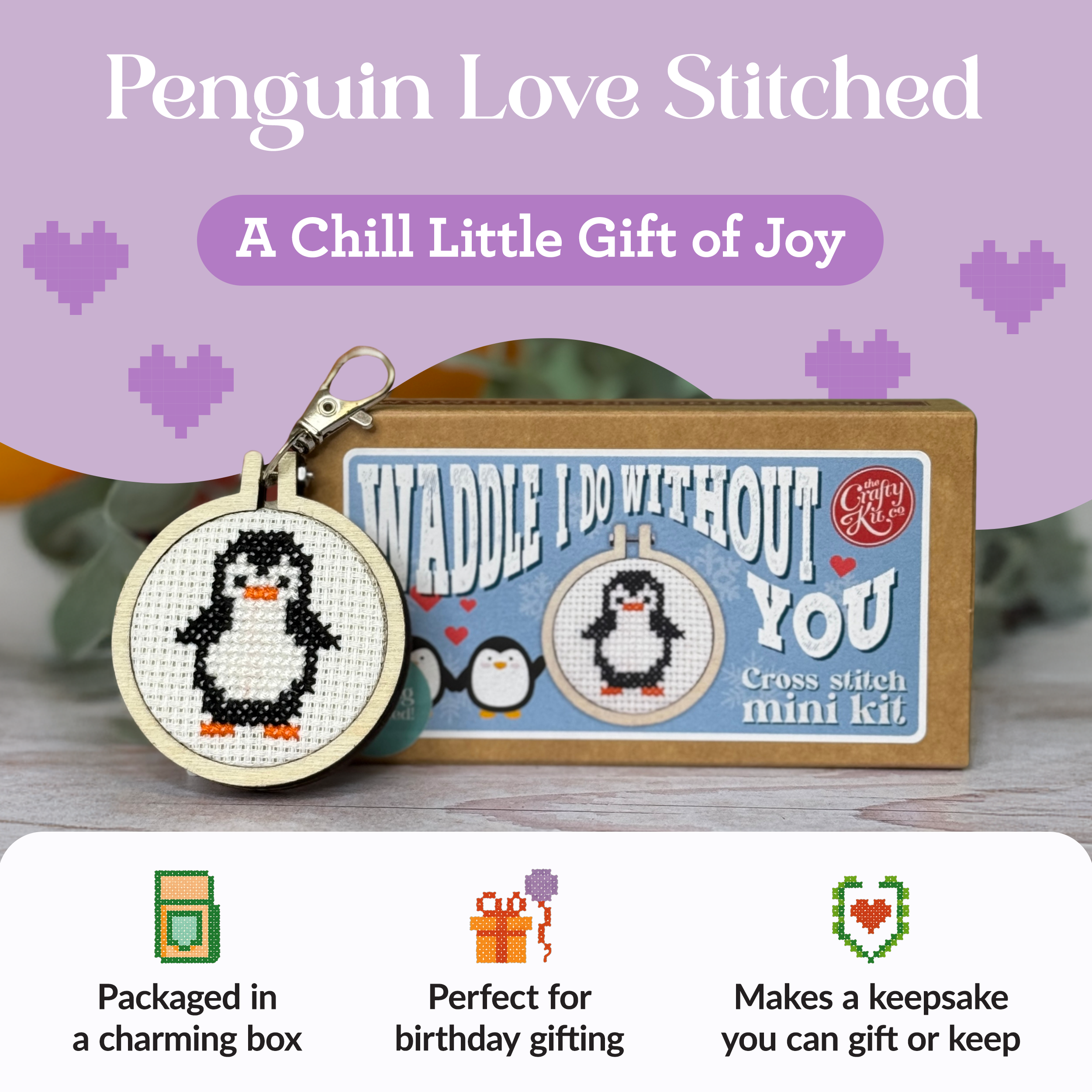 Waddle I Do Without You mini matchbox cross stitch kit product photo - detail view - BLVD Boutik